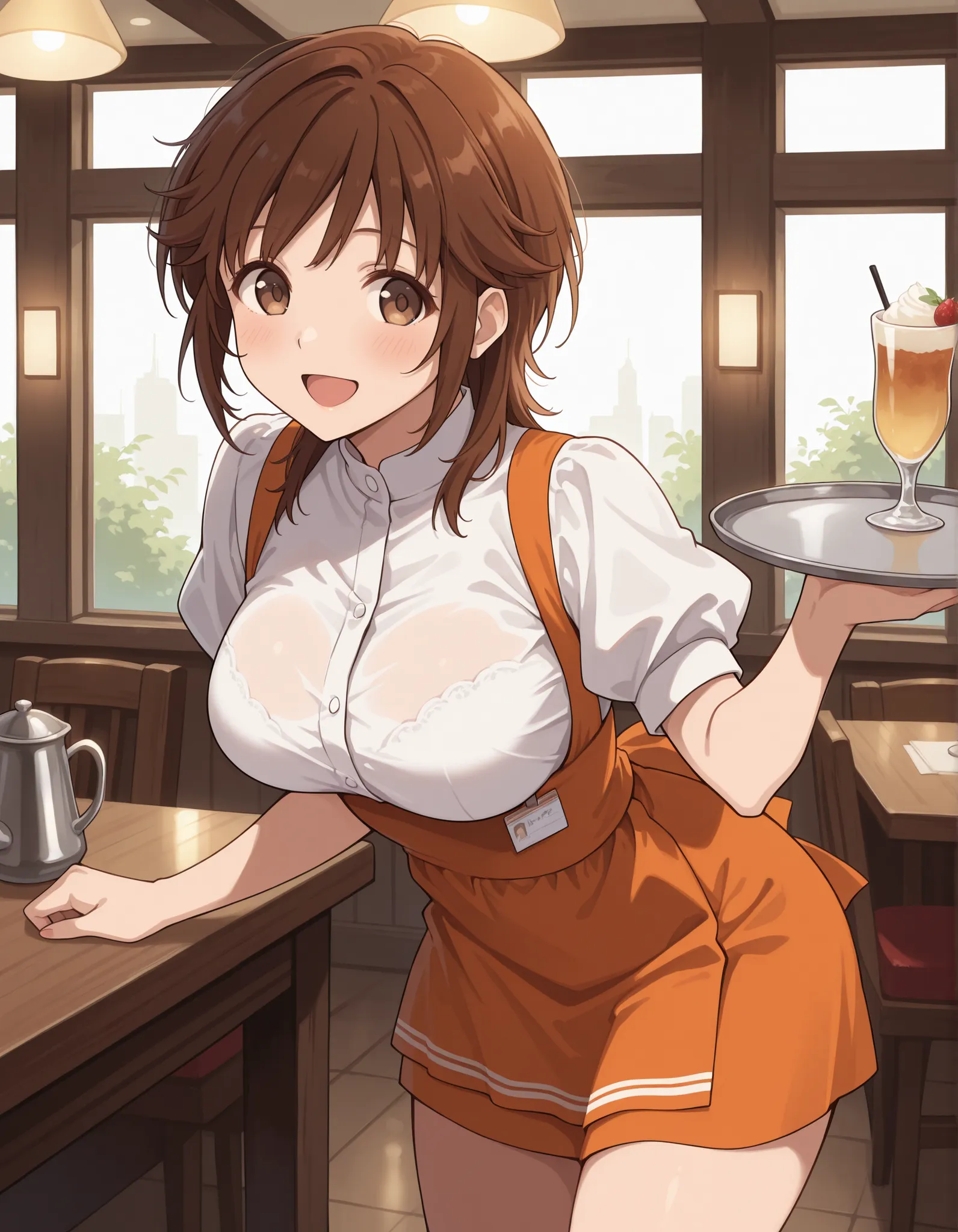 Score_9, score_8_up, score_7_up, source_anime, srkho, solo, brown hair, medium hair, brown eyes, large breasts, (best quality), (high quality), {masterpiece}, extremely delicate and beautiful, ultra-detailed, beautiful detailed eyes, anna miller, waitress,...