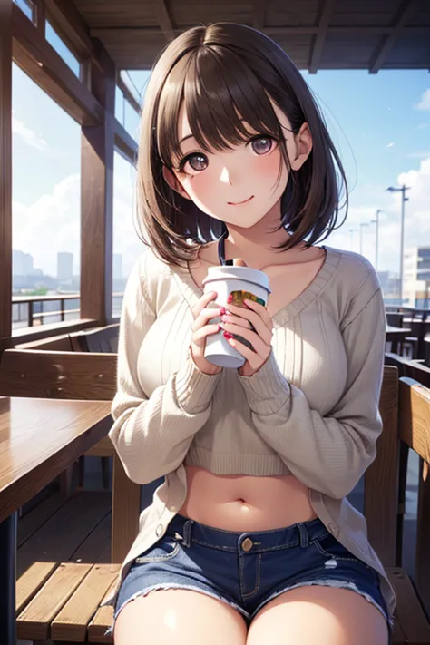a young woman sitting at an outdoor cafe terrace, holding a cup with both hands and taking a sip of coffee, warm sunlight, natural expression, soft smile, wearing a stylish crop top and light cardigan, golden hour lighting, realistic photography, shallow depth of field, candid moment, photo taken on iPhone style
, , 、，..



,( masterpiece, best quality, high resolution, ultra high resolution, pixel perfect, depth of field, 4K, RTTX10.0),
、Anegasaki Nene, shiny brown hair, beautiful brown eyes, smiling face, sparkling pupils, (fine grain), , highly detailed face,, (masterpiece:1.2, best quality), ((only1 girl)), ((cowboy shot))
