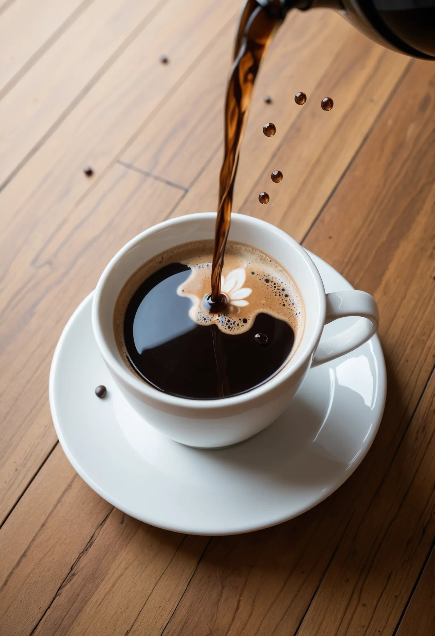 no humans, photorealistic, still life, from above, (coffee water droplets splashing up:1.4), (coffee water splashing from the cup:1.4), black coffee, coffee waterfall, coffee drop, ripples, white cup, white saucer, simple background, light background, make...