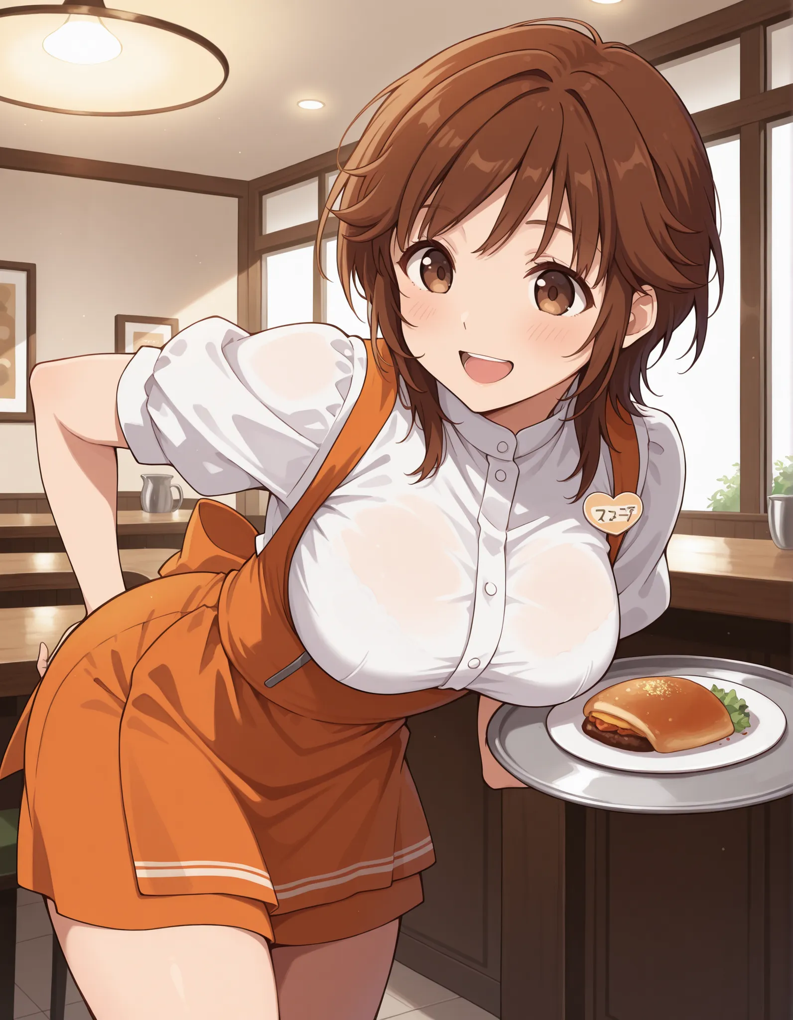 Score_9, score_8_up, score_7_up, source_anime, srkho, solo, brown hair, medium hair, brown eyes, large breasts, (best quality), (high quality), {masterpiece}, extremely delicate and beautiful, ultra-detailed, beautiful detailed eyes, anna miller, waitress,...