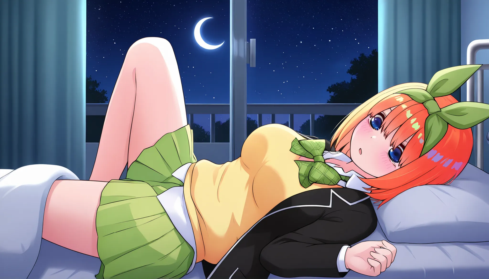 1girl,unwellness sickness nakano yotsuba, large breasts, orange hair, blue eyes, short hair, hair between eyes green bow hairband, black blazer, open blazer, yellow sweater vest, white collared shirt, bowtie, plaid bowtie, green skirt, pleated skirt,knee u...