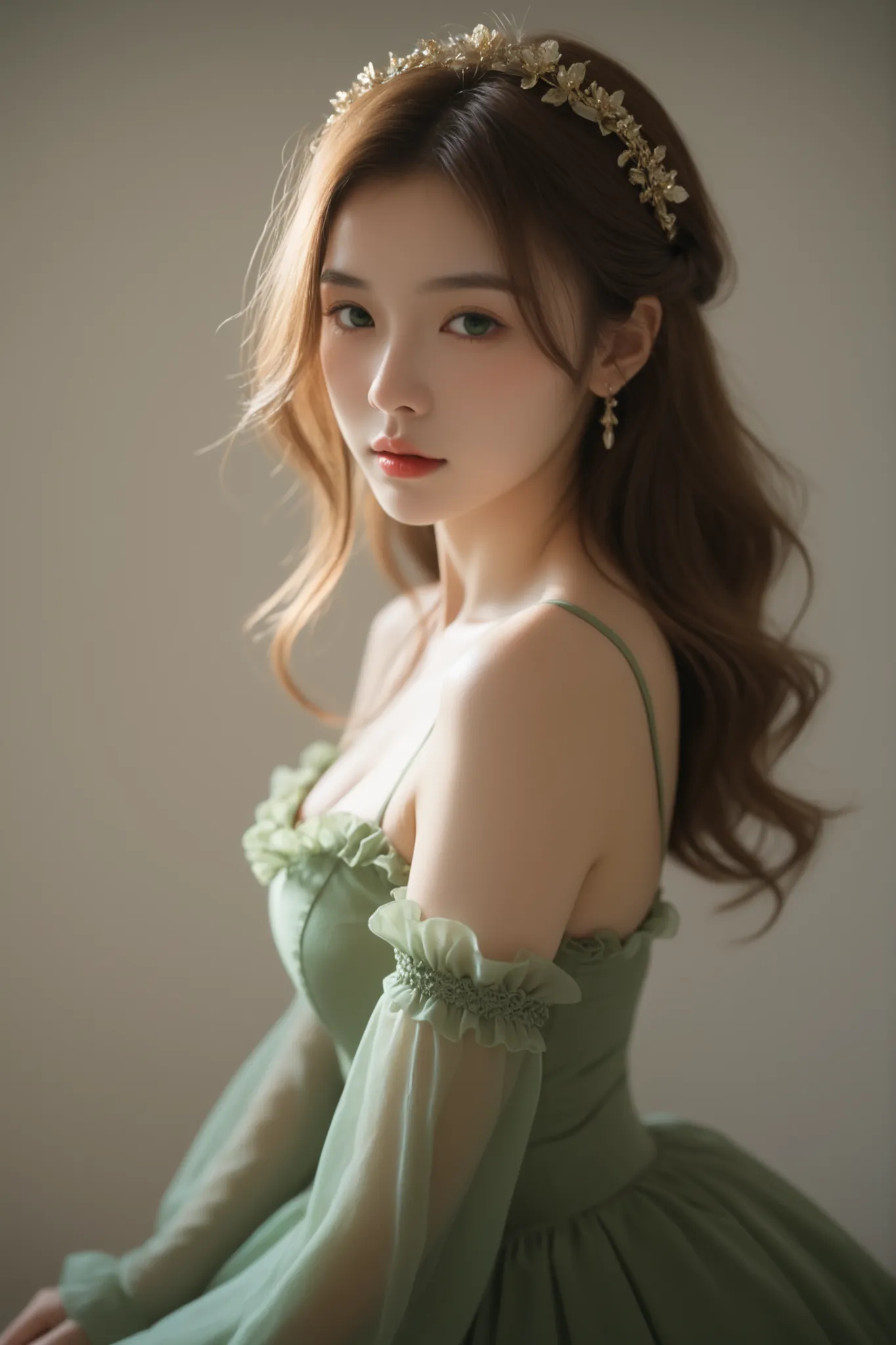 woman with long yellow hair, alone, looking at viewer, green eyes, Green dress with frills on the sleeves, princess