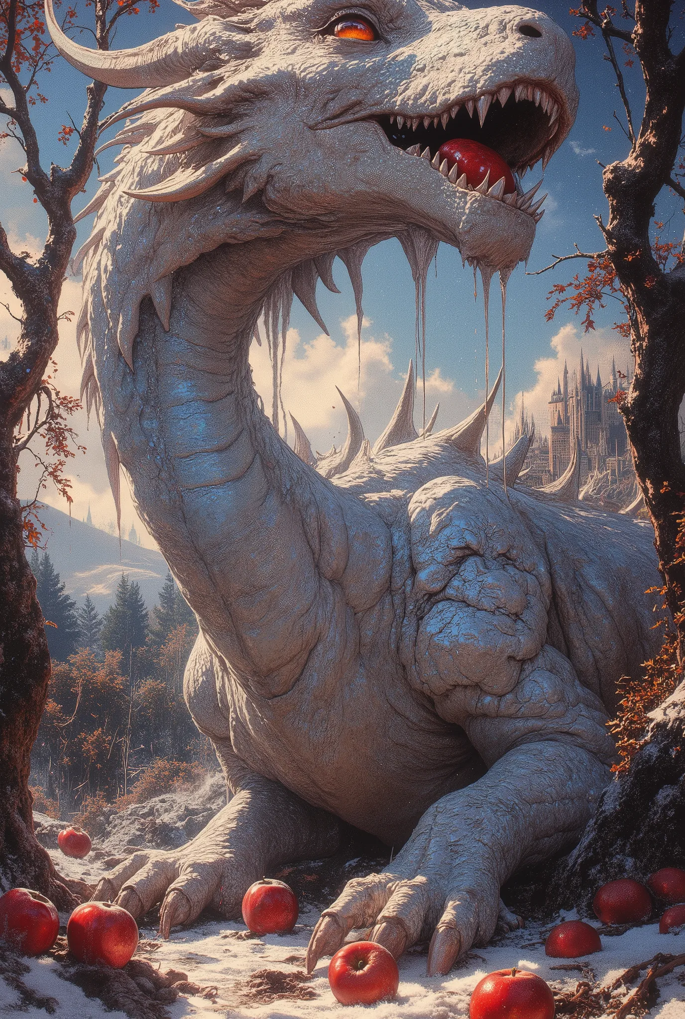 mythp0rt, ArsMJStyle, FFAIM, impressionism, style is detailed and epic,A low angle looking vertically up at the full—length figure of the huge final antagonist - a huge, terrifyingly beautiful fantastic dragon covered with iridescent mirrored holographic s...