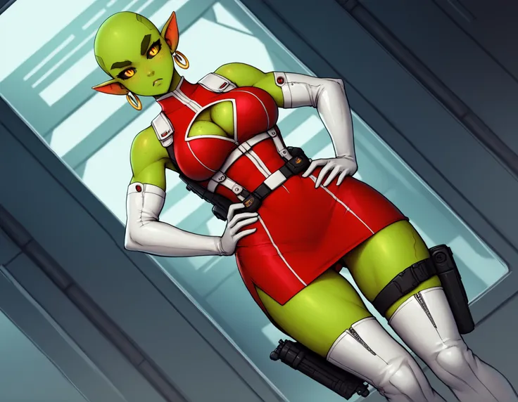 (((Solo))), score_9,score_8_up,score_7_up, alien girl, monster girl, slit pupils, yellow pupils, black sclera, green skin, pointy ears, bald, hourglass figure, (((1girl))), medium breasts, athletic, (((red sci-fi uniform with white accents))), (((red unifo...