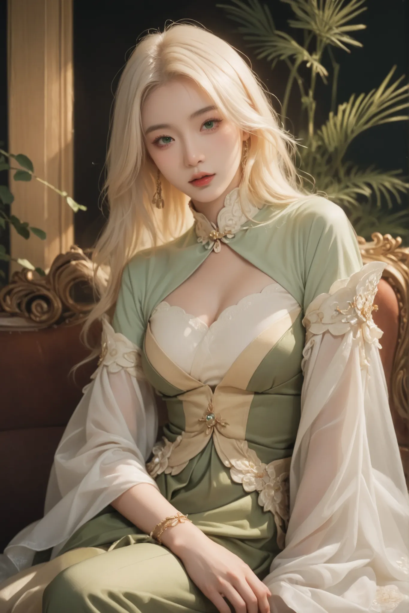 Noble woman, Caucasian skin, long face, greeneyes, honey colored hair, With closed clothes