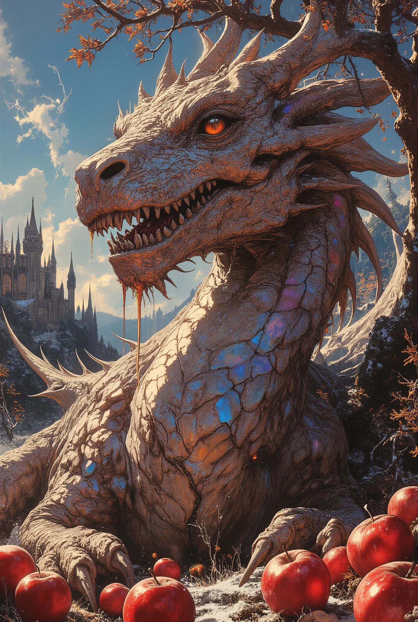 mythp0rt, ArsMJStyle, FFAIM, impressionism, style is detailed and epic,A low angle looking vertically up at the full—length figure of the huge final antagonist - a huge, terrifyingly beautiful fantastic dragon covered with iridescent mirrored holographic s...
