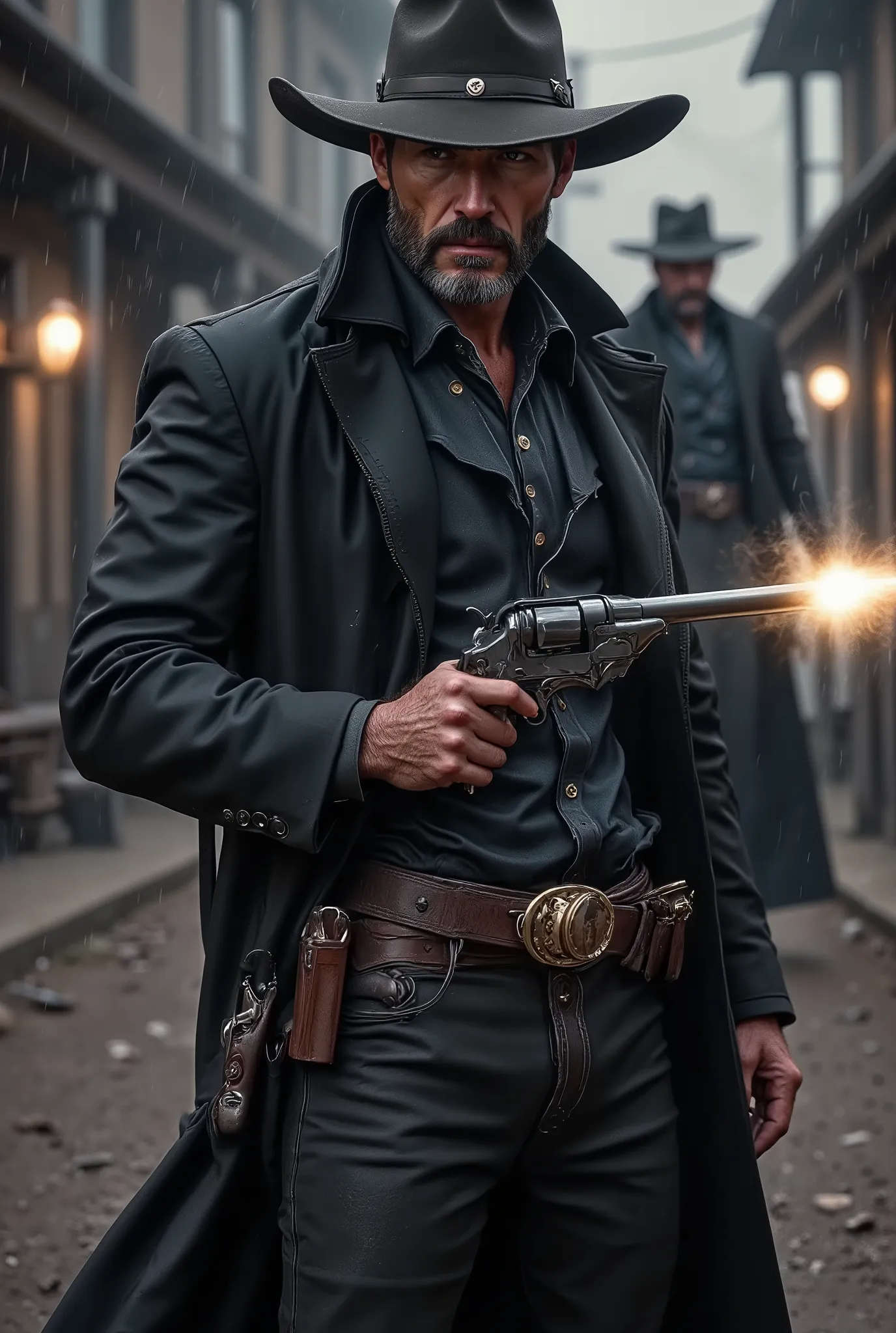 A hyperrealistic, cinematic medium shot of Jack Crowley, a grizzled gunslinger, captured in the heart of an intense Western showdown. He stands in the rain-slicked, muddy street of a desolate frontier town, his dark leather overcoat swaying slightly with t...