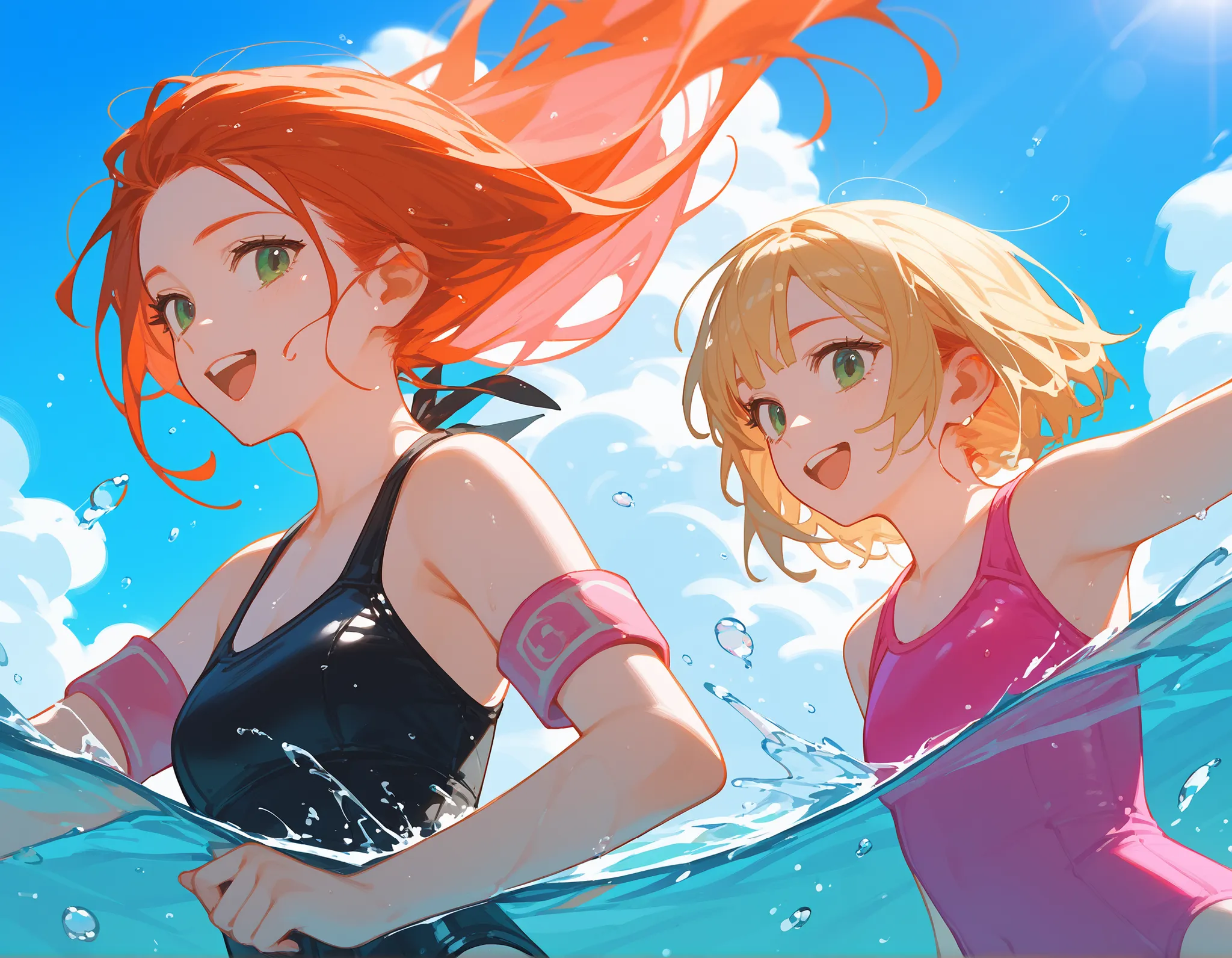two people die, two girls. first blonde girl with pink swimsuit and pink armbands. second redhead girl with black swimsuit. background water park , place water park, splashes of water, Rays of light, Close to camera, dynamic pose

