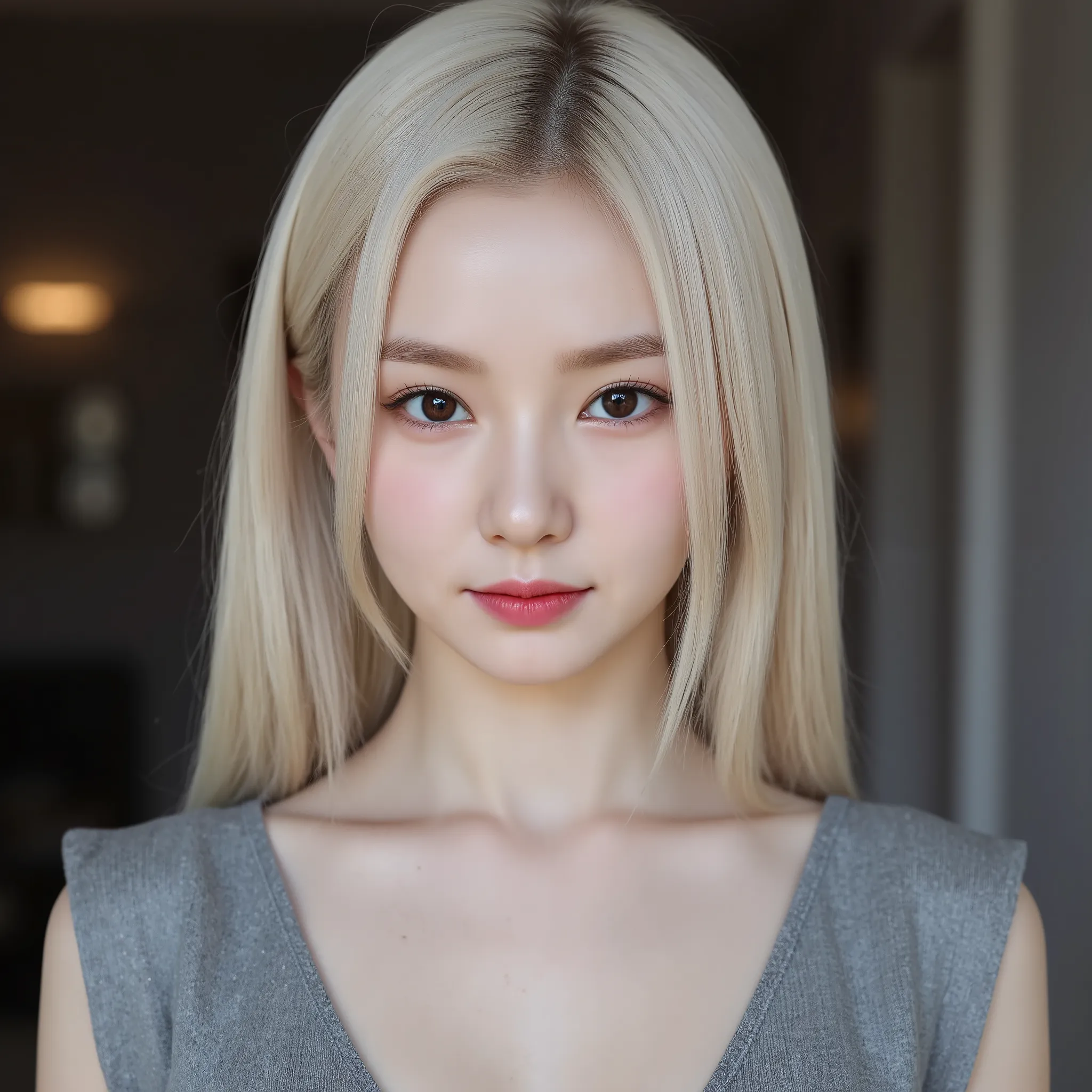 (pretty girl wearing a gray dress), (Long white hair),(brown-brown eyes), Hyper-resolution, accuracy, Detailed representation, (Subtle facial image, (Thin hair image), (Superior quality), (Masterpieces of masters), (a sense of atmosphere), tmasterpiece,Su...