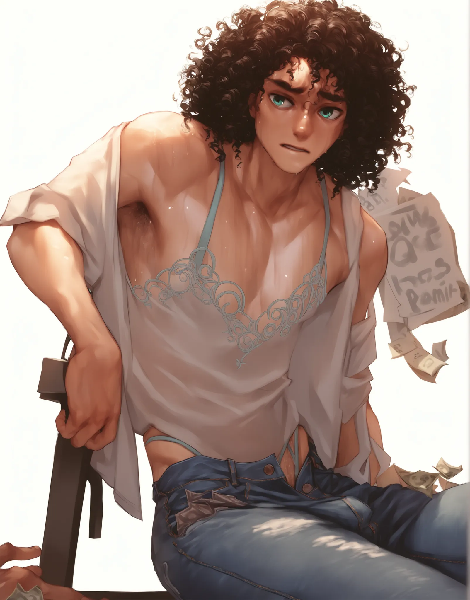 score_9, score_8_up, score_7_up, score_6_up, score_5_up, score_4_up, 1boy, solo, solo focus, brown hair, (white hair:0.9), curly hair, teal eyes, average built, sweaty, prostitute, skimpy outfit, lingerie, jeans, (bulge:0.5), fully clothed, white backgroun...