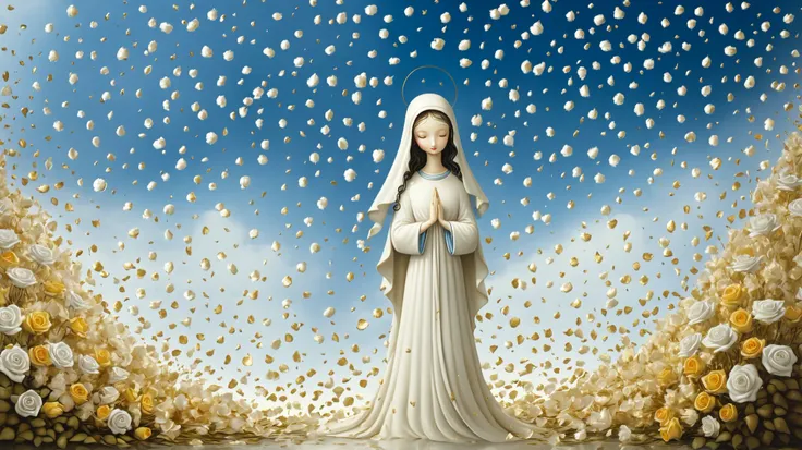 "Scraps by Nicoletta Ceccoli, Naoto Hattori, Lawrence Didier, Leonora Carrington, flowers are flying around an image of Our Lady of Fatima, flowers exploding and spreading, petals falling, rose petals flying in the wind, Virgin Mary, pastel flower petals f...