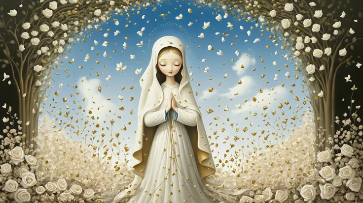 "Scraps by Nicoletta Ceccoli, Naoto Hattori, Lawrence Didier, Leonora Carrington, flowers are flying around an image of Our Lady of Fatima, flowers exploding and spreading, petals falling, rose petals flying in the wind, Virgin Mary, pastel flower petals f...