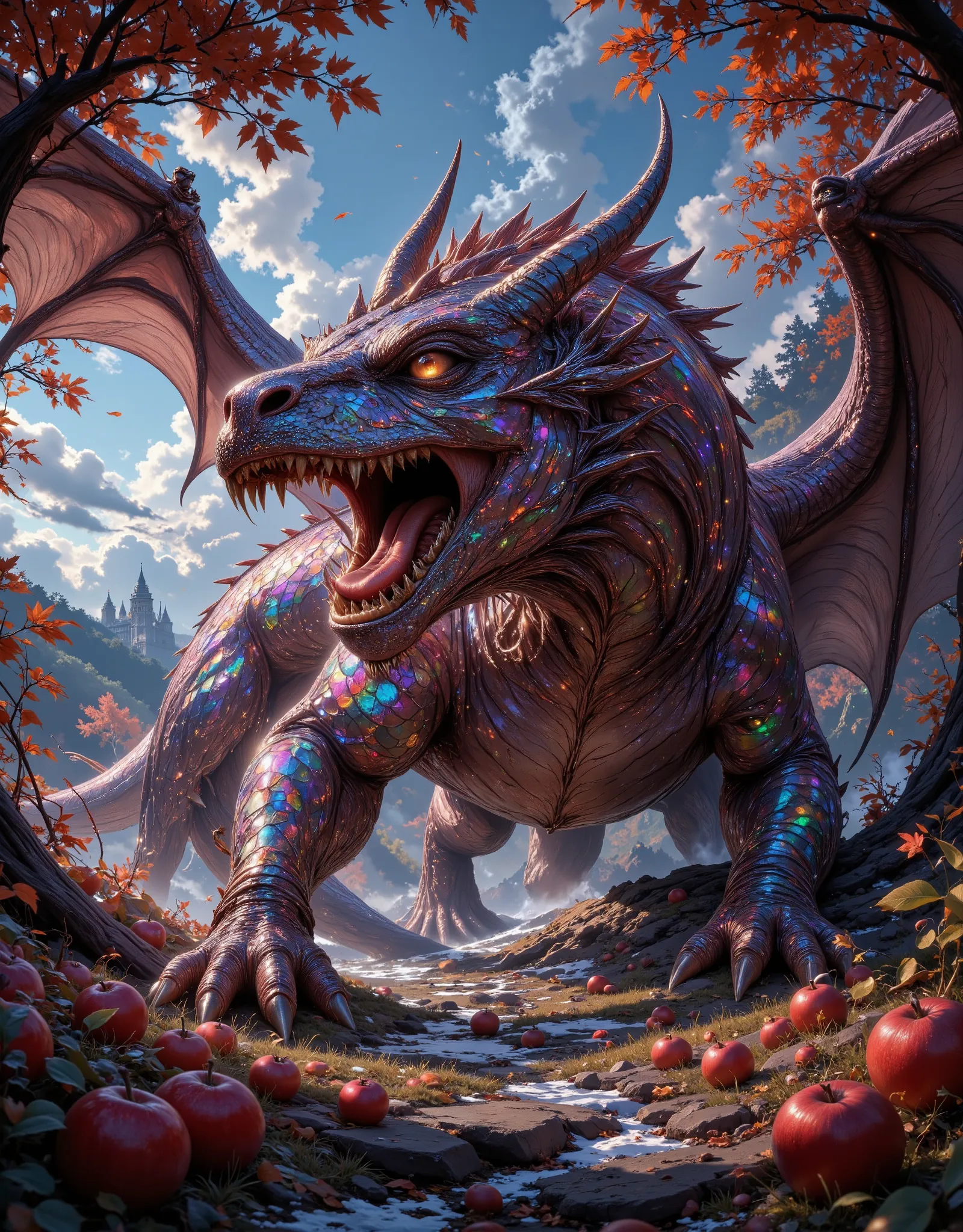 A low angle looking vertically up at the full—length figure of the huge final antagonist - a huge, terrifyingly beautiful fantastic dragon covered with iridescent mirrored holographic scales that shimmer brightly in the sun. He is pictured in the garden in...