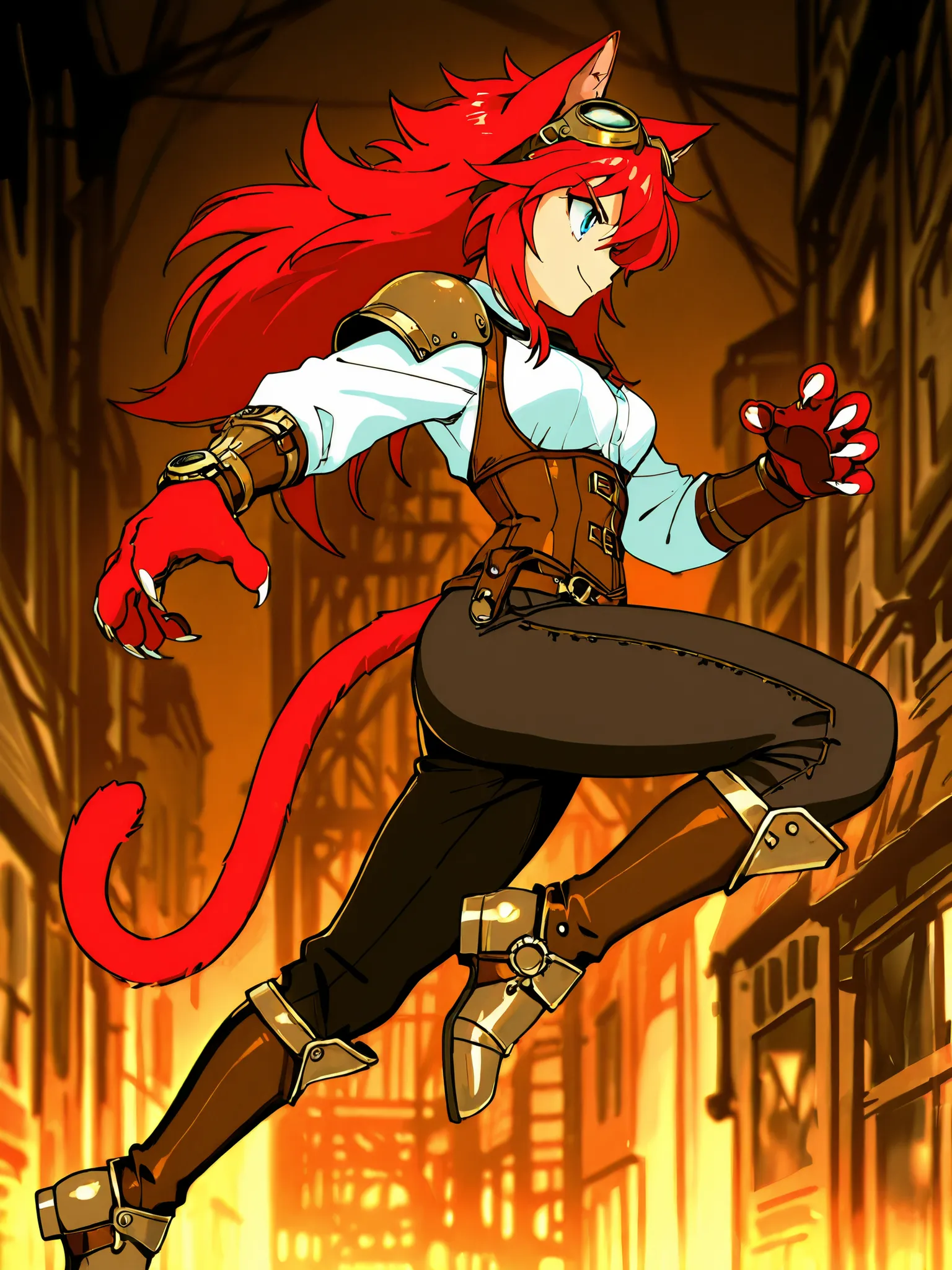 ((solo:5.5)), best quality, masterpiece, 2d, intricate details, anime, anime style, full body picture, ((front side view)), catgirl, 1girl, red hair, spiked hair, blue eyes, enchanting eyes, wild hair, long hair, small smile, animal ears, red ears, red cat...