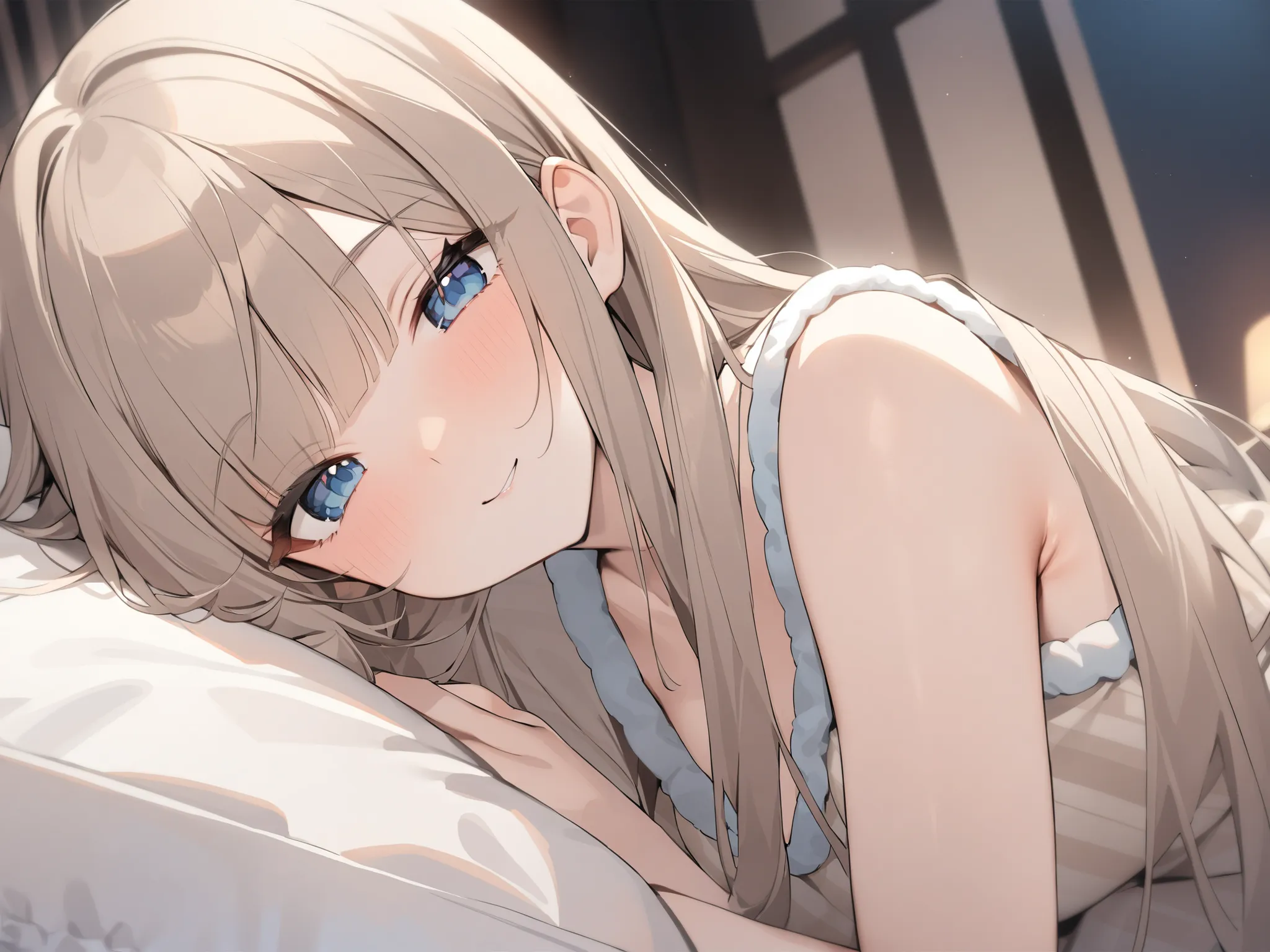 dark room、heavy blunt bangs 、chest length hair、whitish ash brown colored hair、loungewear、blue dark eyes 、:q、princess cut、masterpiece、Highest Quality、uncensored