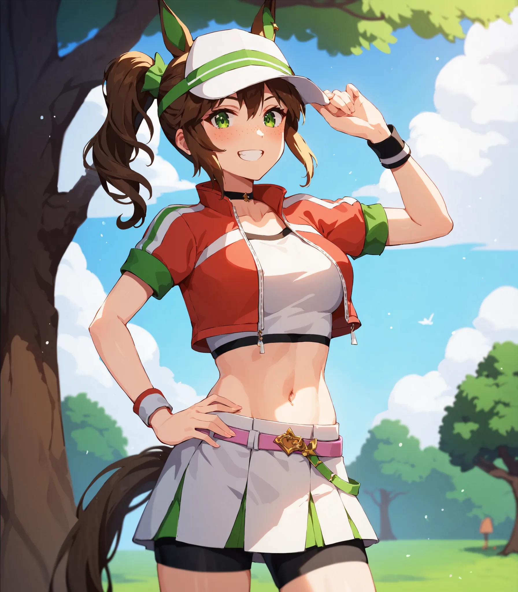 masterpiece, best quality, absurdres,ultra detailed hair,floating hair,
ines fujin \(umamusume\), 1girl, visor cap, horse ears, freckles, horse tail, midriff, navel, single green ear cover, smile, two-tone cropped jacket, black compression shorts, side pon...