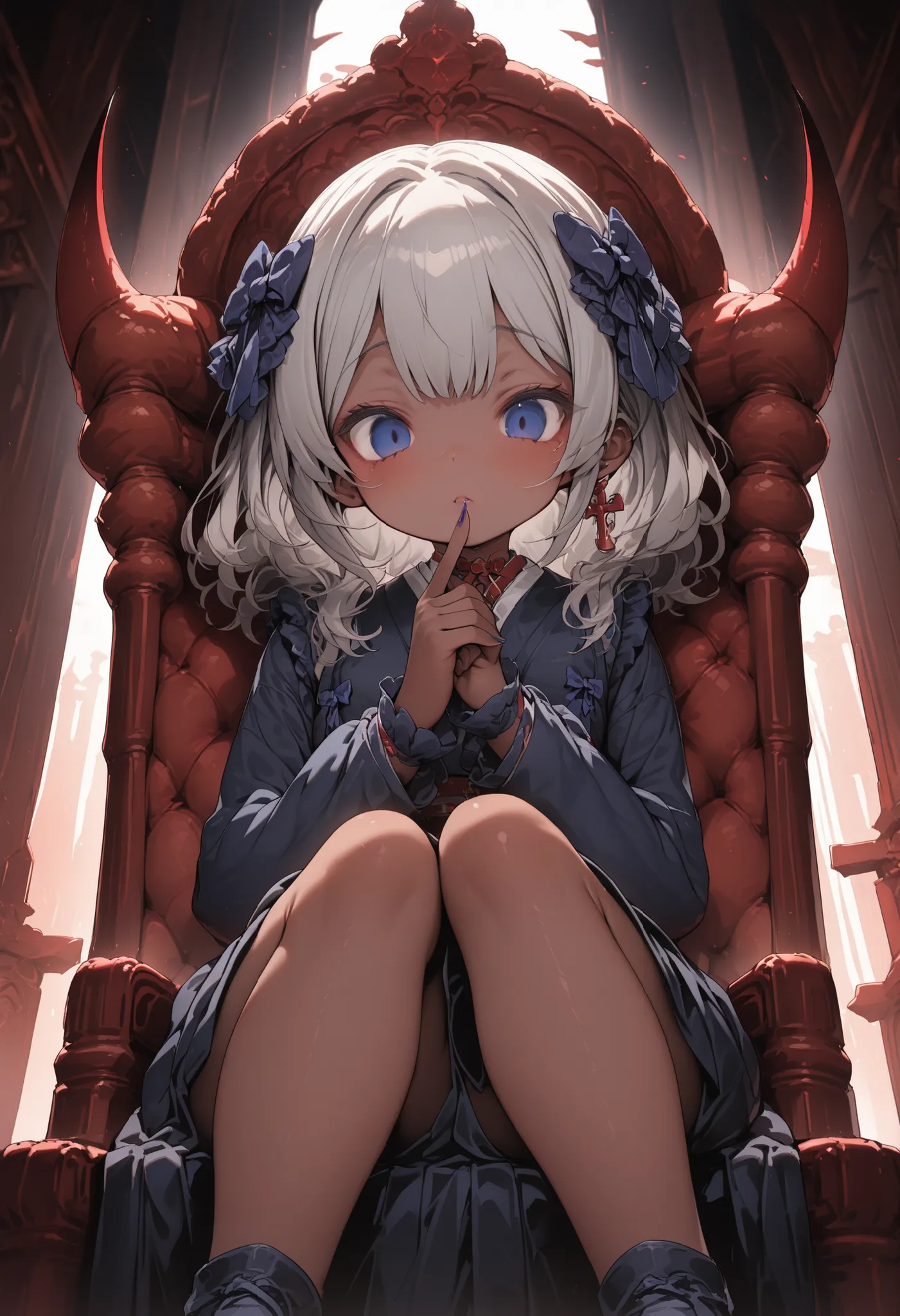 95 points,masterpiece, Highest Quality, very detailed, high definition, brown skin, Japanese Anime,1 girl, Gray Hair,Hollow Eyes, (Petite), original characters, fantasy, beautiful fingers,  (dark blue clothes)、 looks down on you, staring at the viewer、(A b...