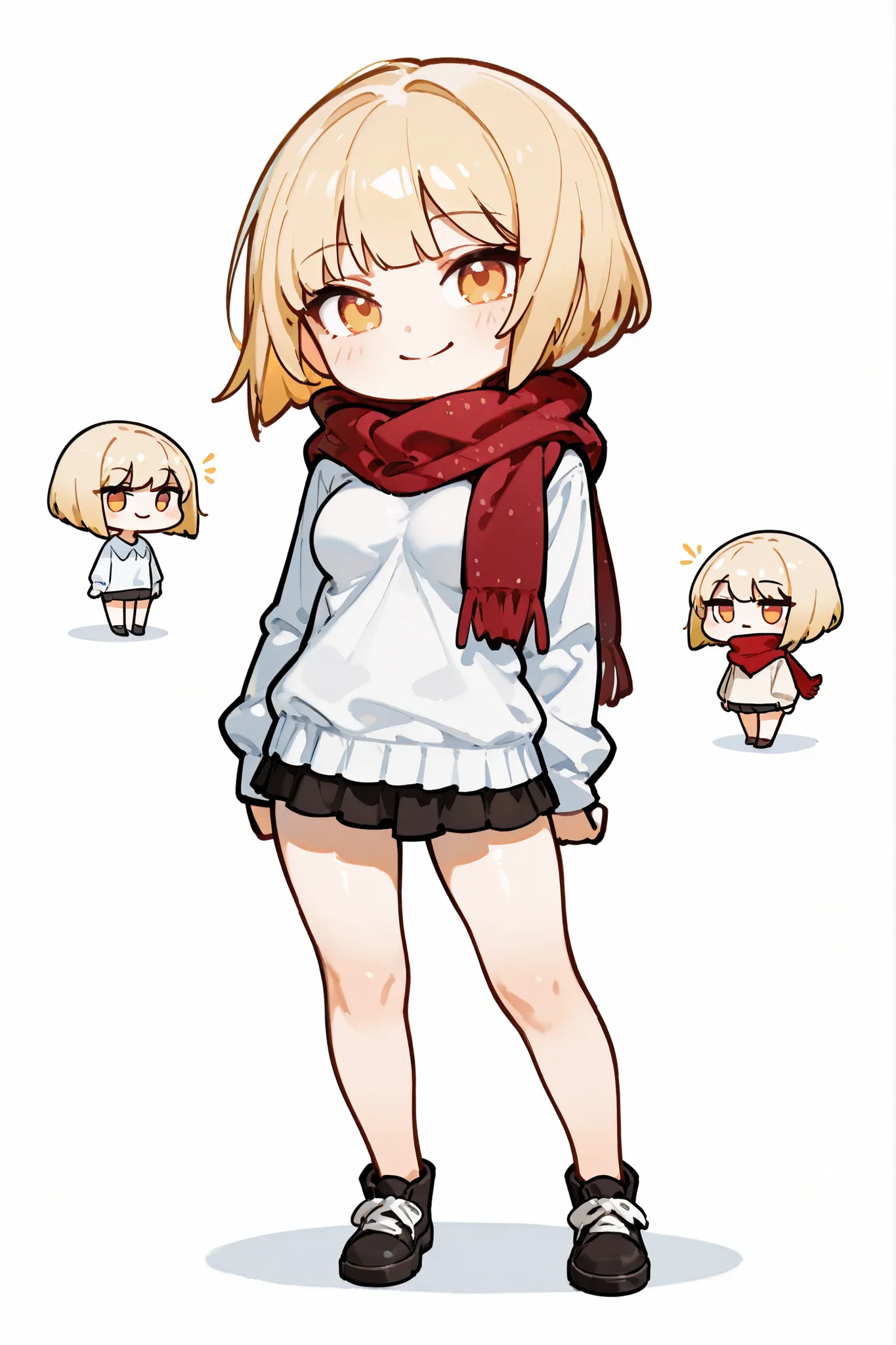 (kenbis, chibi, white background, wearing casual clothes and red scarf), masterpiece, best quality, amazing quality, highres, BREAK 1girl, sunkissed skin, medium breasts, slim thighs, amber eyes, ruffled bob cut blonde hair, smiling