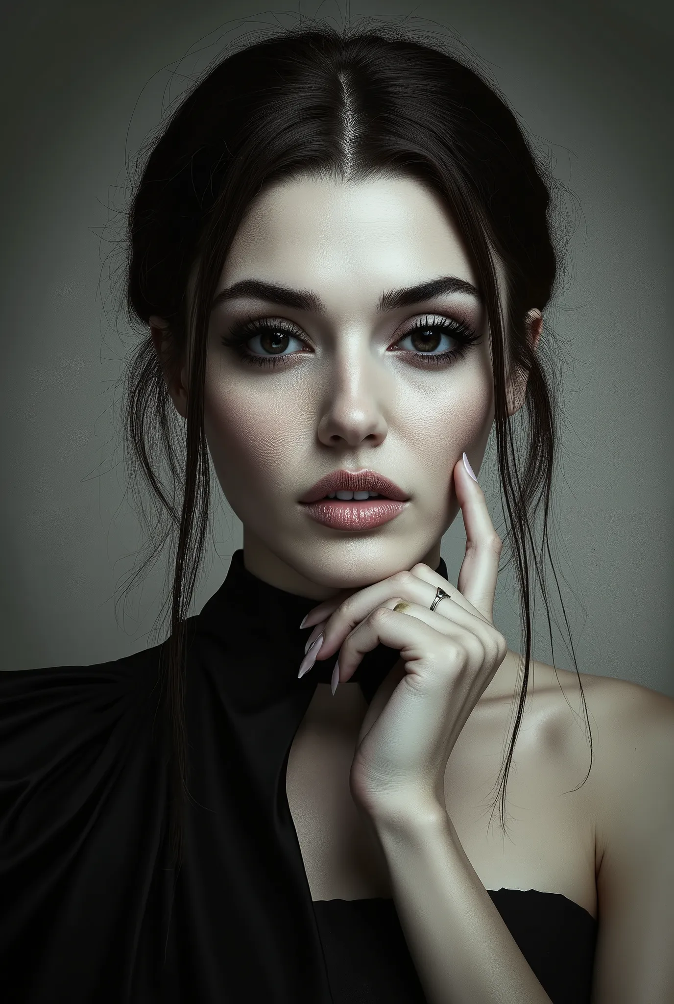 Hande erçel face straight,  lokking Hande erçel's face, she looks with a piercing gaze, a face devoid of emotions, beautiful and sexy but also mysterious and threatening