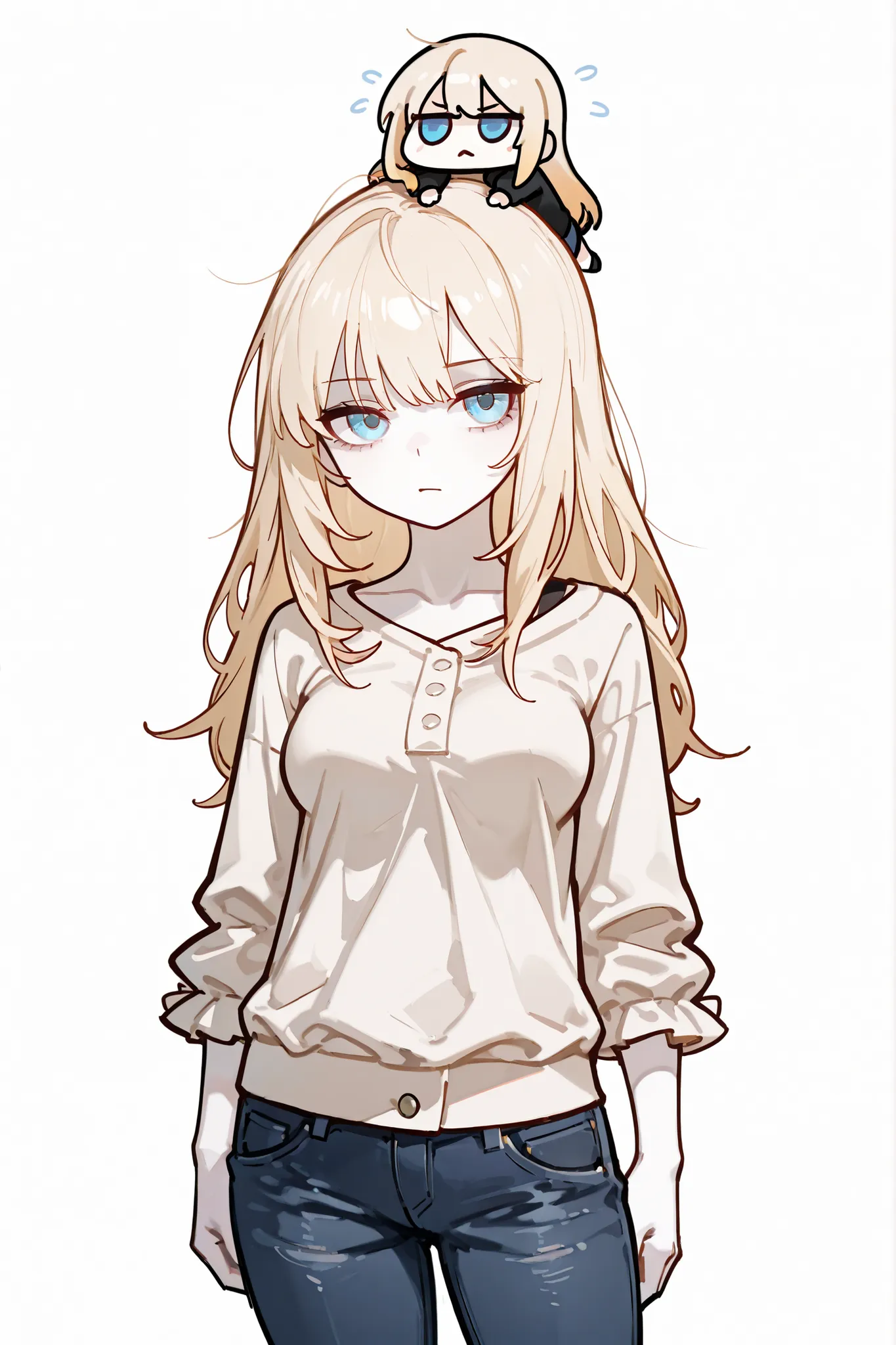 (kenbis, chibi, white background, wearing casual clothes, jeans), masterpiece, best quality, amazing quality, highres, BREAK 1girl, pale skin, medium breasts, slender, blue eyes, long messy blonde hair, apathetic expression
