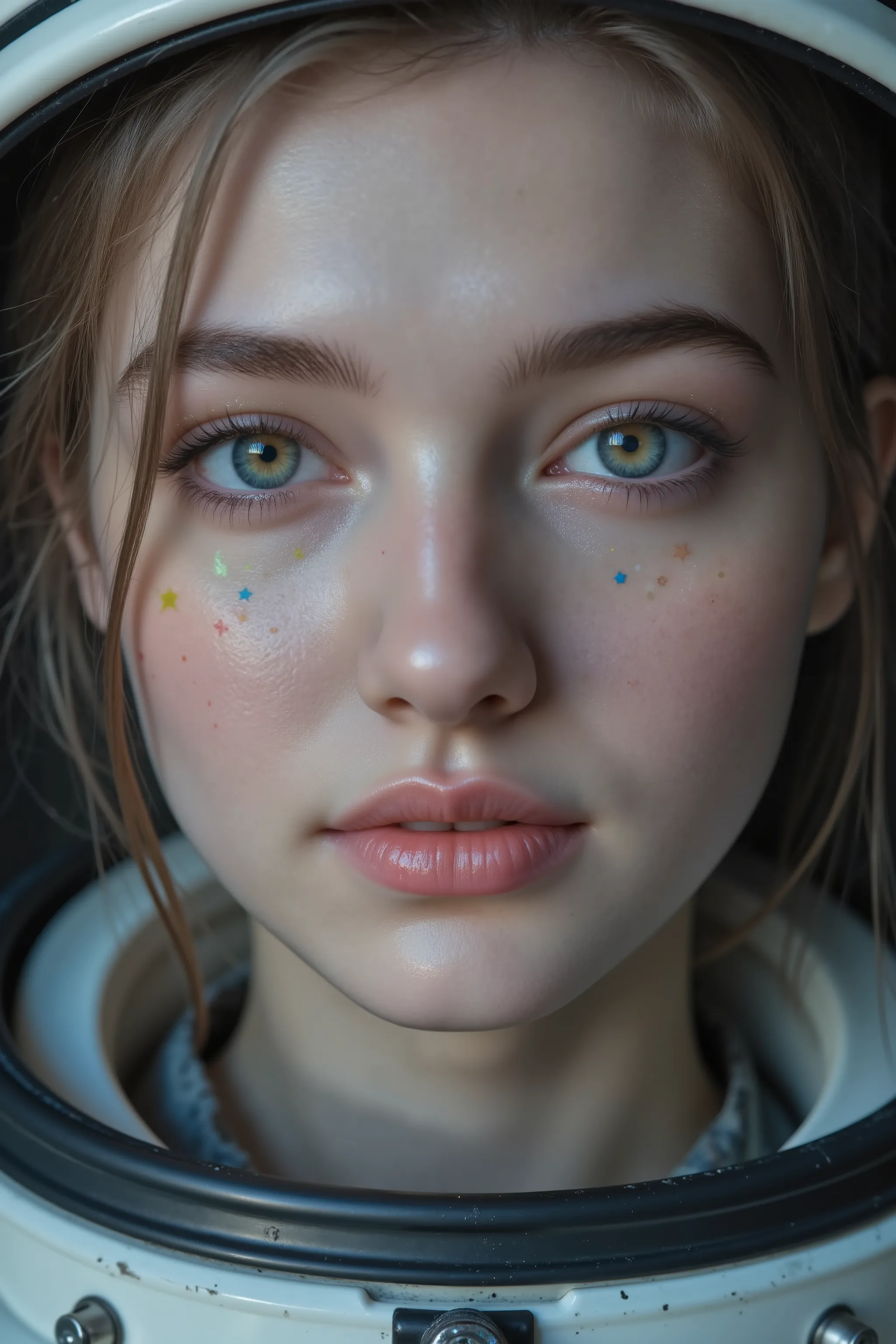 close-up of the better masterpiece:1.5)0.9], ( astronauts and astronauts:1.2) (Messy silver hair:1.1) (Different colored eyes:Yellow and blue:1.2) (Space helmet:1.0) (, colorful stars in the eyes:1.0) (Glow Light:1.1) (Thick Lips:0.9)