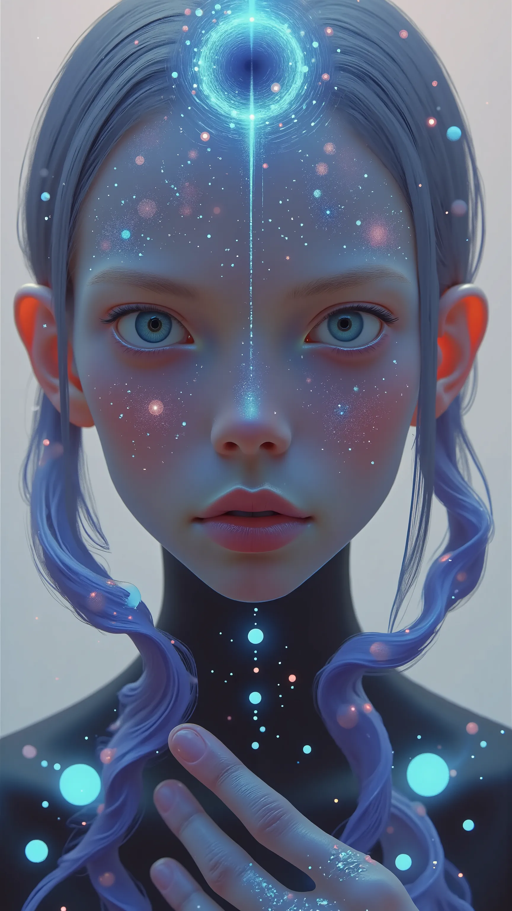 girl-type robot、憂い Emoji、(age:1.1), (Skin color:1.2), (Detailed clothing:1.2), (accessory:1.1), ( Emoji:1.2), (Physical build:1.1), (posture:1.2), Centered,facing the front, Mesh-like body、consists of transparent light and a reticular structure,metal parts...