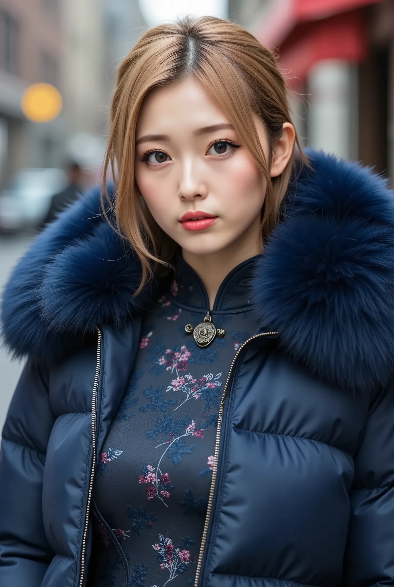 Beautiful Blonde Chinese Woman, Patterned Silk Cheongsam, Silk Tight Navy Blue Moncler Puffer Coat, big breasts, fur hood