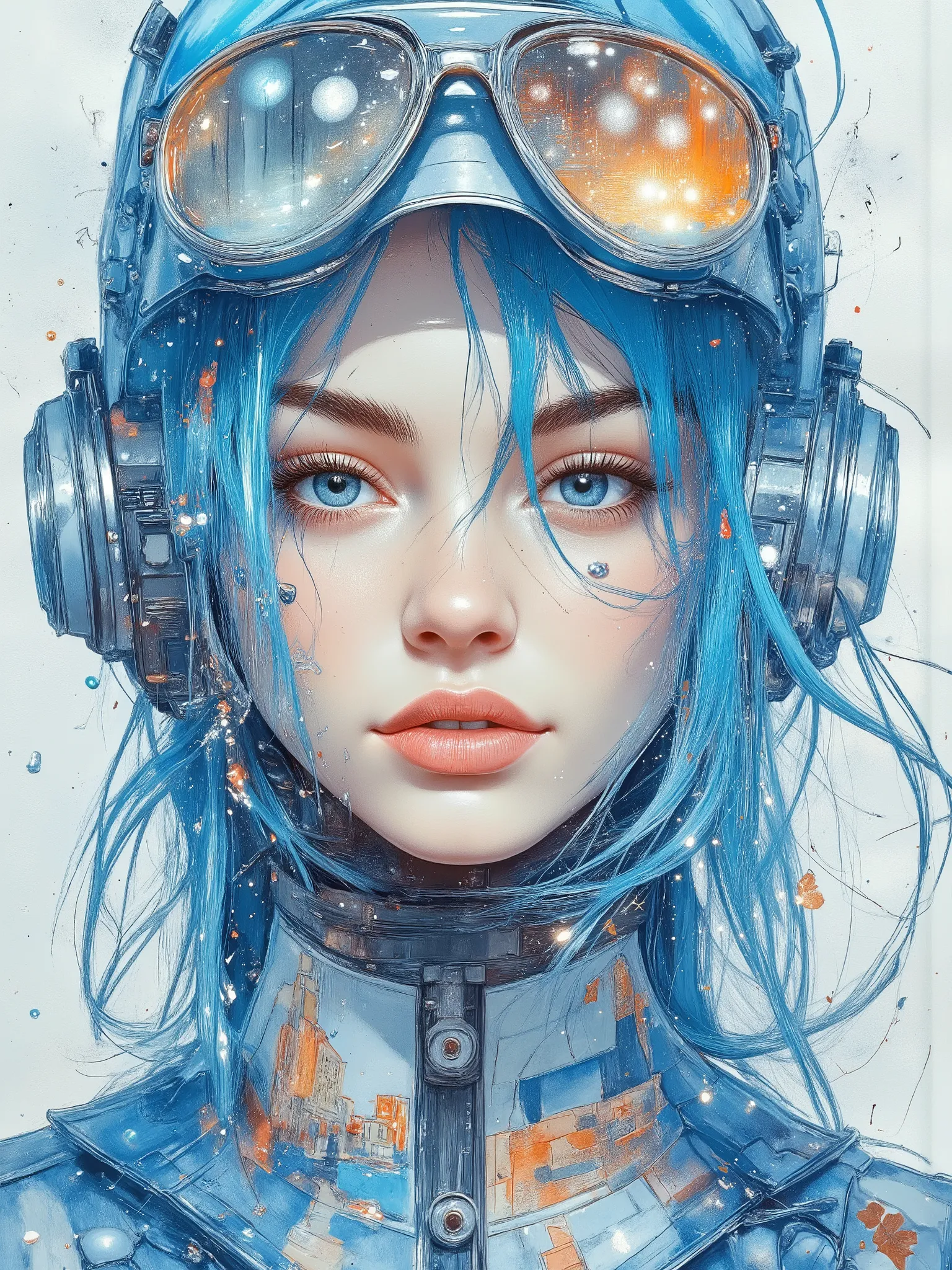 "Please soak the paper in plenty of water, then paint a wet watercolor image on it, as if you were dripping watercolor paint on it", "Please draw a beautiful woman's face, especially her beautiful eyes, and use sputtering to make them sparkle", "Watercolor...