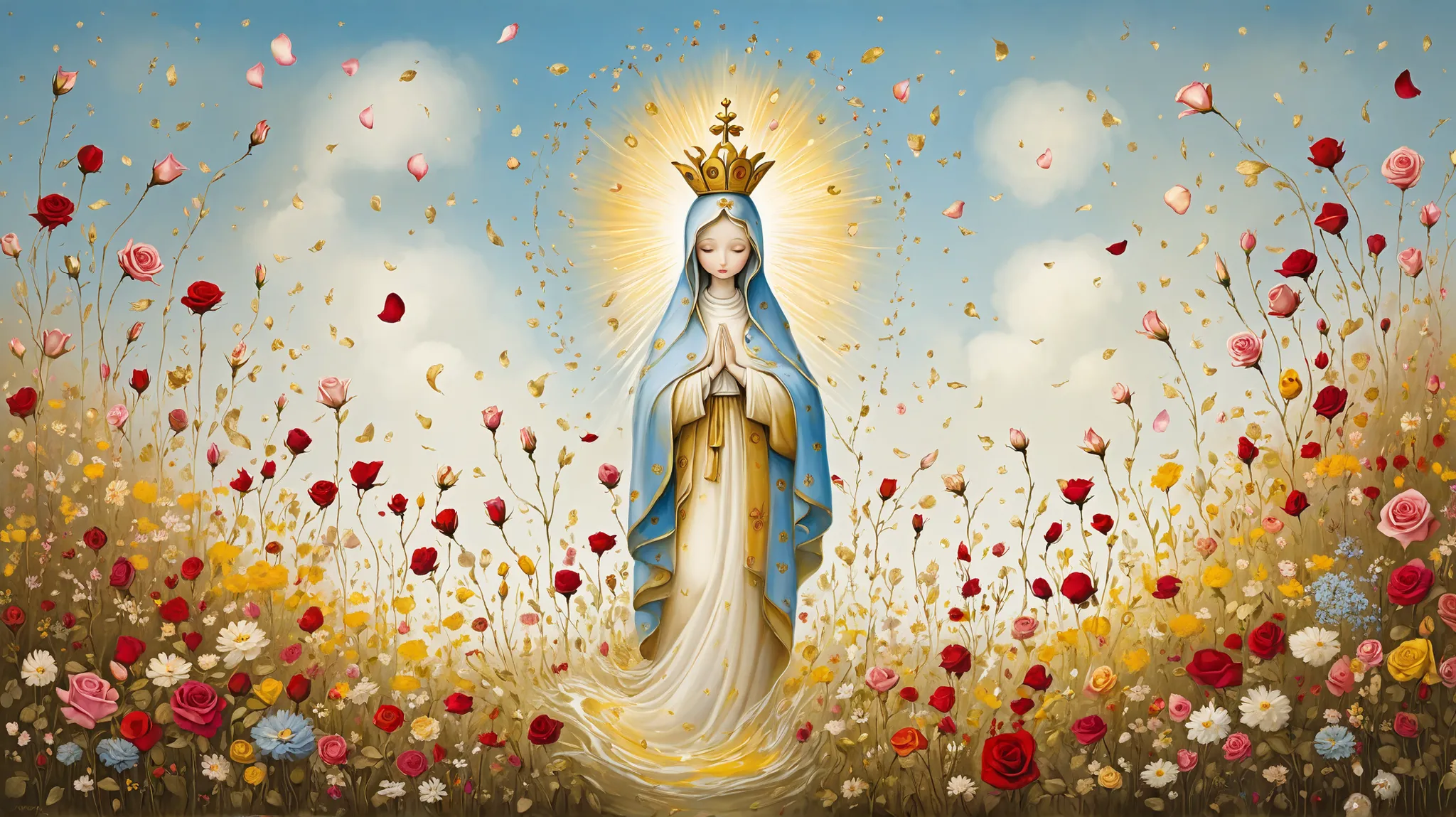 Patchwork by Nicoletta Ceccoli, Naoto Hattori, Lawrence Didier, Leonora Carrington, flowers are flying around an image of Our Lady of Fatima, flowers exploding and spreading, petals falling, rose petals flying in the wind, Virgin Mary, pastel flower petals...
