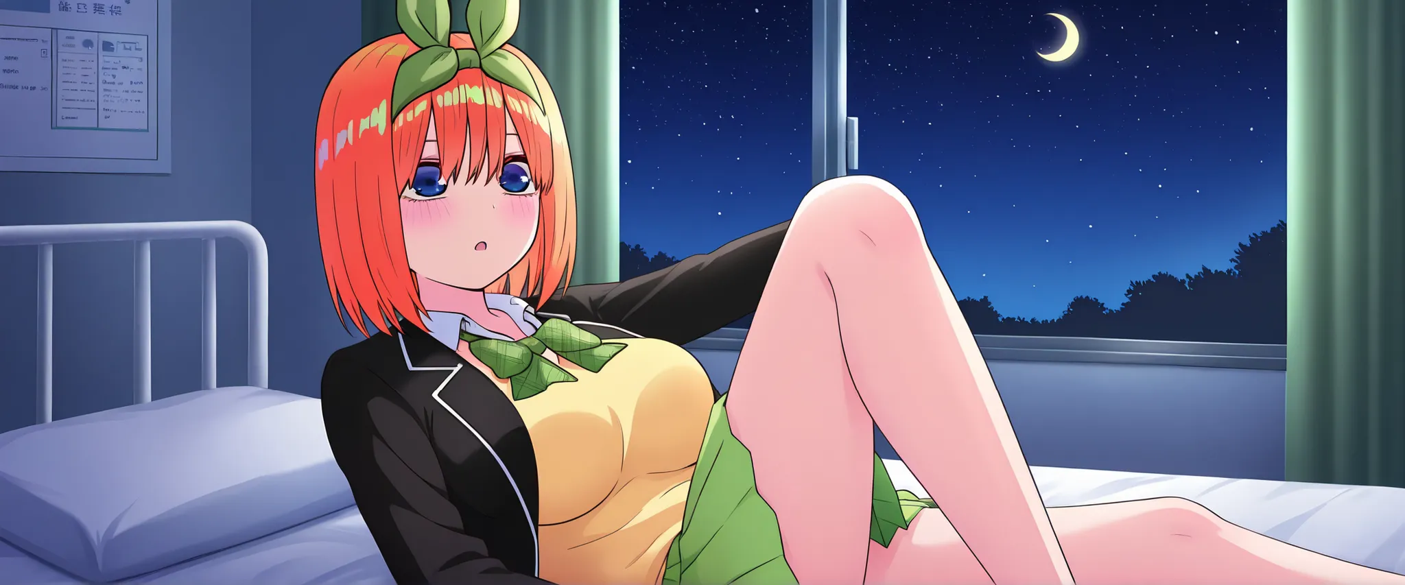 1girl,unwellness sickness nakano yotsuba, large breasts, orange hair, blue eyes, short hair, hair between eyes green bow hairband, black blazer, open blazer, yellow sweater vest, white collared shirt, bowtie, plaid bowtie, green skirt, pleated skirt,knee u...