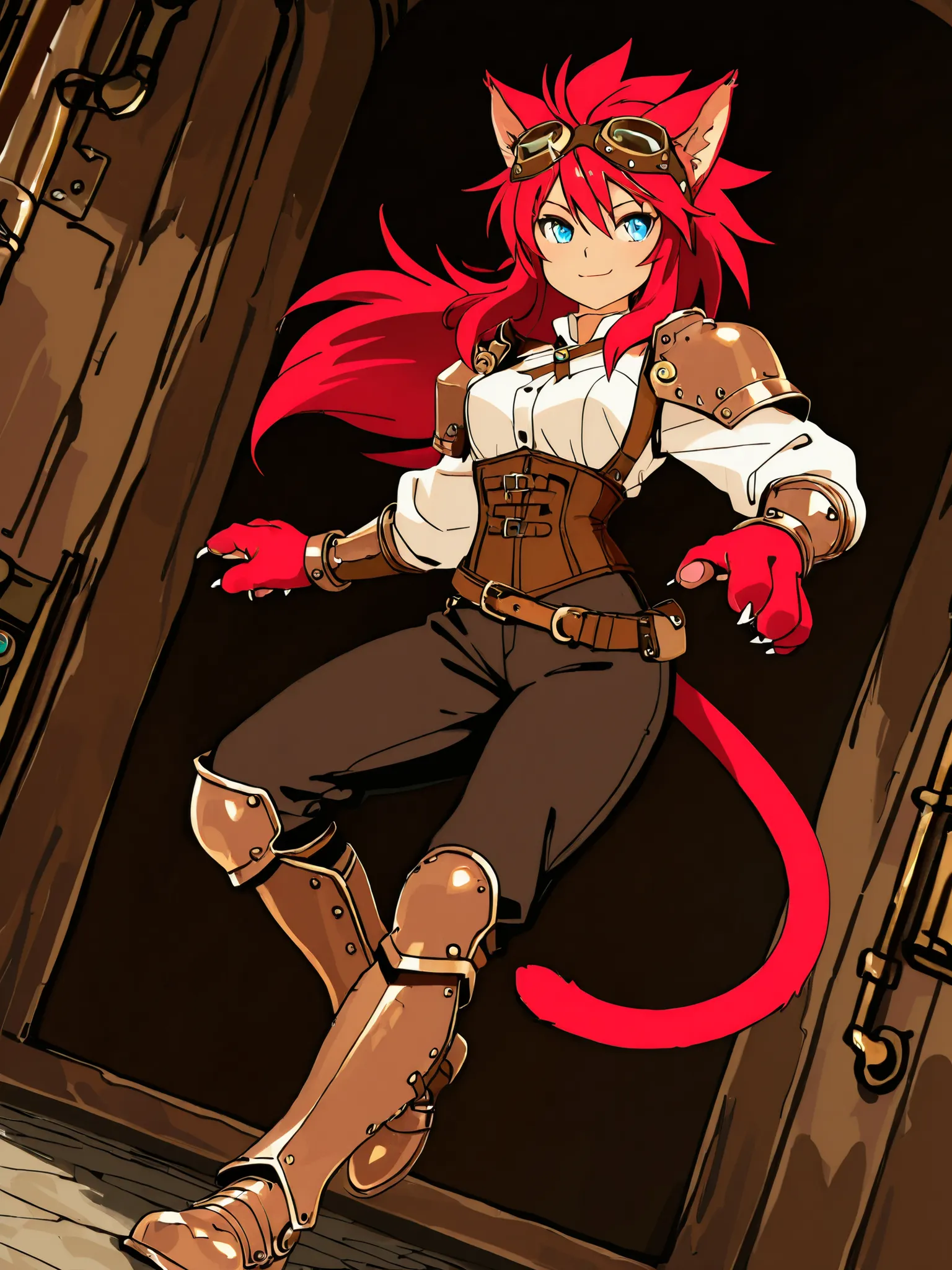((solo:5.5)), best quality, masterpiece, 2d, intricate details, anime, anime style, full body picture, ((three-quarter angle)), catgirl, 1girl, red hair, spiked hair, blue eyes, enchanting eyes, wild hair, long hair, small smile, animal ears, red ears, red...