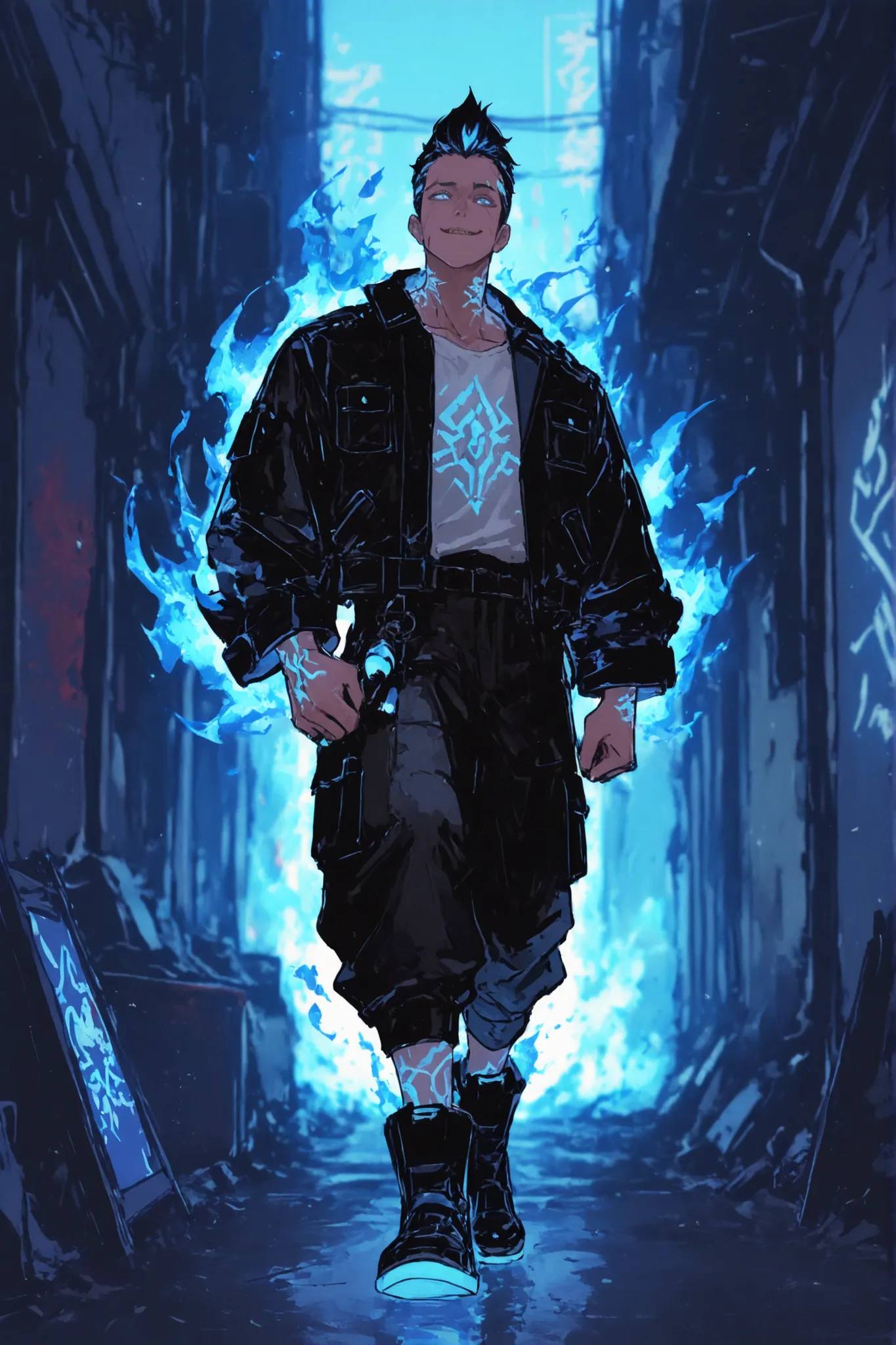 A moe-style anime illustration of "Reiji," a man in his 20s, Moni’s companion in a cyberpunk-fantasy world, a fusion of Valorant’s Yoru and Phoenix.
Appearance: 178cm tall, 75kg, muscular and toned male build, natural Japanese skin tone (standard anime b...