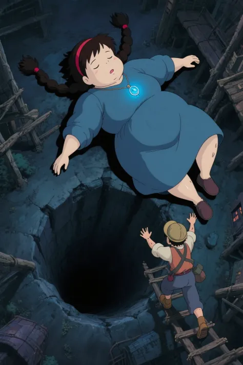 (Masterpiece, ultra-detailed, photorealistic, 8k resolution, cinematic composition), Ghibli, sheeta and Pazu (tenkuu_no_shiro_laputa),one very large girl weighing close to 300 kilograms, dressed like Sheeta from Laputa,  the girl has black brown hair, hairband, twin braids, black eyes, blue one-piece dress, long sleeves, wide sleeves, She's drooling. Big nostrils.Lies horizontally , very fat like a sumo wrestler, protected by the light of a blue Hikariseki pendant, lying on their back asleep, closed eyes, unconscious ,slowly falling towards a huge, vertically deep hole that opened up like a coal mining town in Laputa, with very fragile wooden scaffolding around the hole, a boy dressed like Pazu from Laputa who wears workcap, crossing unstable wooden scaffolding, trying to catch the girl, (boy is very scared and sweating because the girl is too fat.), night, ghibli style, very quiet night, a bird's eye view of the slowly falling girl and the boy trying to catch her, masterpiece, best quality, high quality