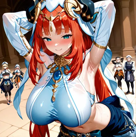 Meisterwerk,best quality,amazing quality,very aesthetic,absurdres,neuestes,very Artistic,Artistic,Anime-Stil, 1 girl , nilou\(Genshin Impact\) , rote Haare , Zwillis , blaue Augen , Lange Haare , Reif ,  Crop Top , dancer , severed sleeves , fake horns , Schleier , white headwear ,  white sleeves  , white Schleier  , Blush  , sweat , nass , smile  , Big Breasts, Allein, Seductive body, von vorne , ((armpit focus )) , arms behind the head ,