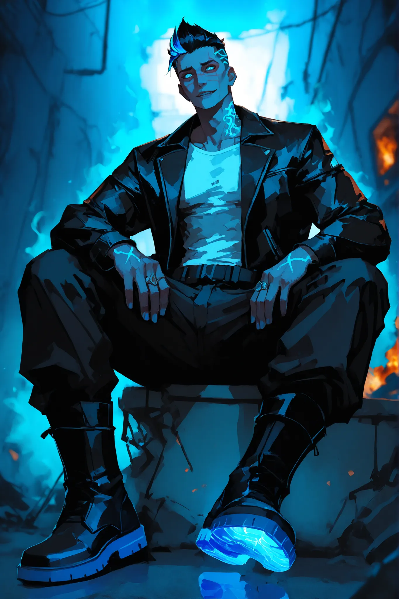 A moe-style anime illustration of "Reiji," a man in his 20s, Moni’s companion in a cyberpunk-fantasy world, a fusion of Valorant’s Yoru and Phoenix.
Appearance: 178cm tall, 75kg, muscular and toned male build, natural Japanese skin tone (standard anime b...