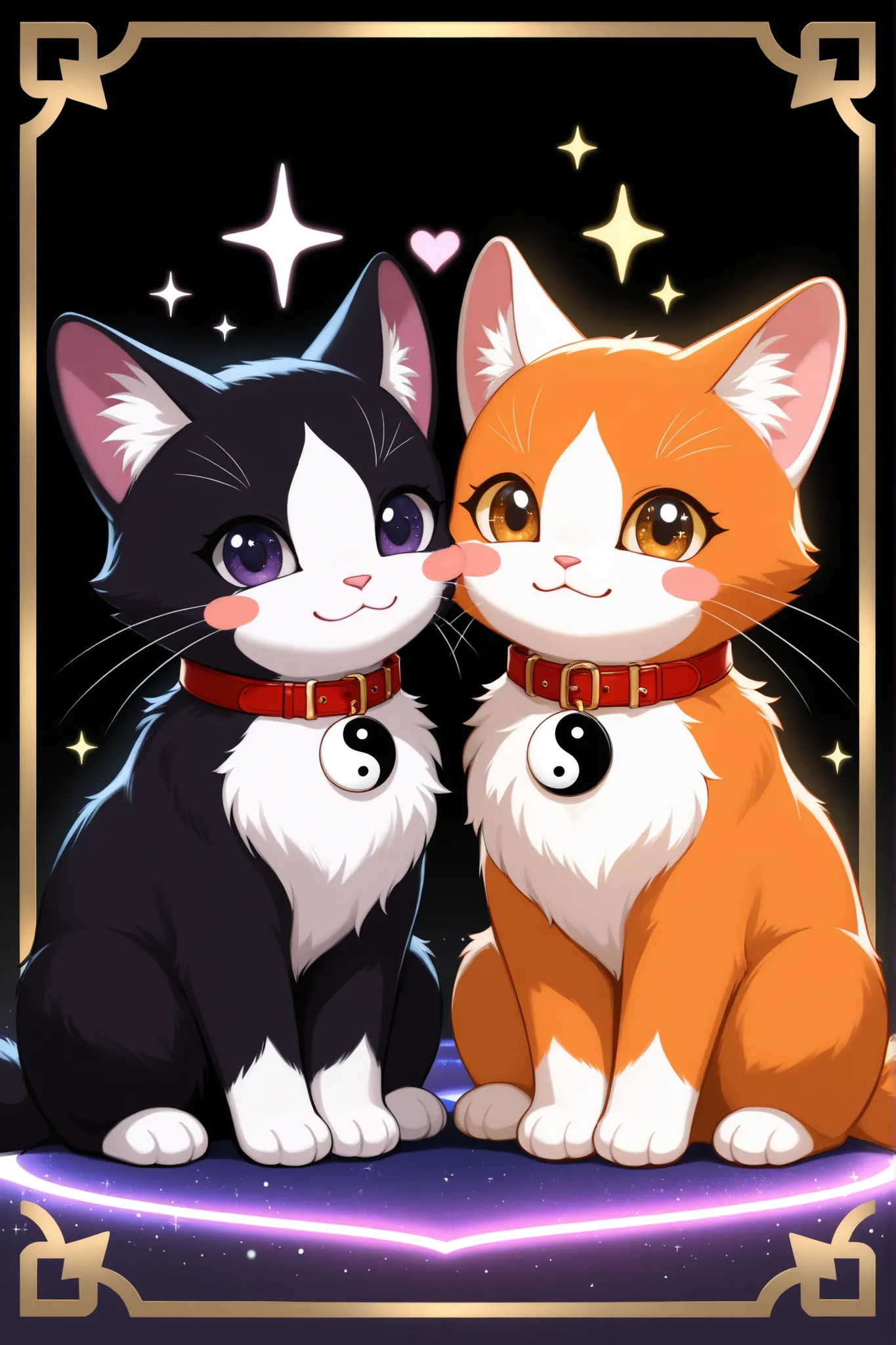 2 cats, no_humans, yin_yang_cats, animal_focus, collar, animal, looking_at_viewer, blush_stickers, cosmic_ying_yang_cats,two_tone_fur,fluffy,, whiskers, sparkle, closed_mouth, :3, red_collar, smile, heart, sitting, cosmic_long_lashes_eyes, purple_mist, bla...