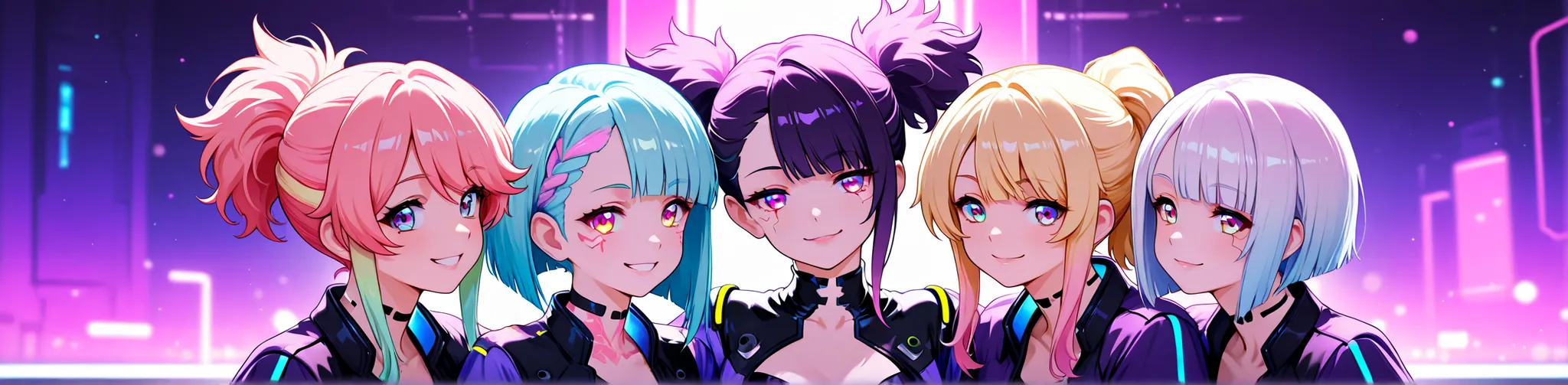 A lineup of six sexy anime womens standing close together in a row, arms around each other’s shoulders, smiling and confident. Each girl has a unique hairstyle and outfit, but all are dressed in a stylish futuristic fashion with glowing neon purple and pin...
