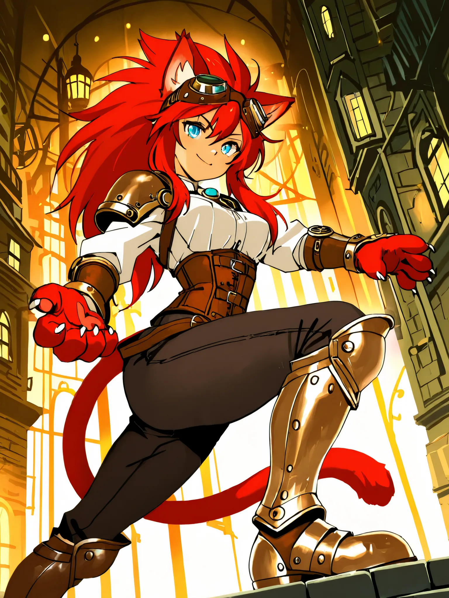 ((solo:5.5)), best quality, masterpiece, 2d, intricate details, anime, anime style, full body picture, ((three-quarter angle)), catgirl, 1girl, red hair, spiked hair, blue eyes, enchanting eyes, wild hair, long hair, small smile, animal ears, red ears, red...