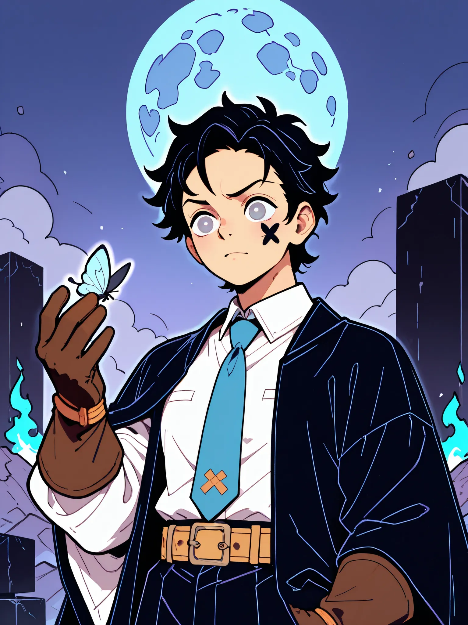 wearing ultra-detailed, high resolution, Unreasonable Results, HDR, masterpiece, Scattering illustration, Scattered black hair, short hair, Two block, expressive gray eyes, Bachifan, blue flame, sexy man, alone, best image quality, prince, blue glowing fir...