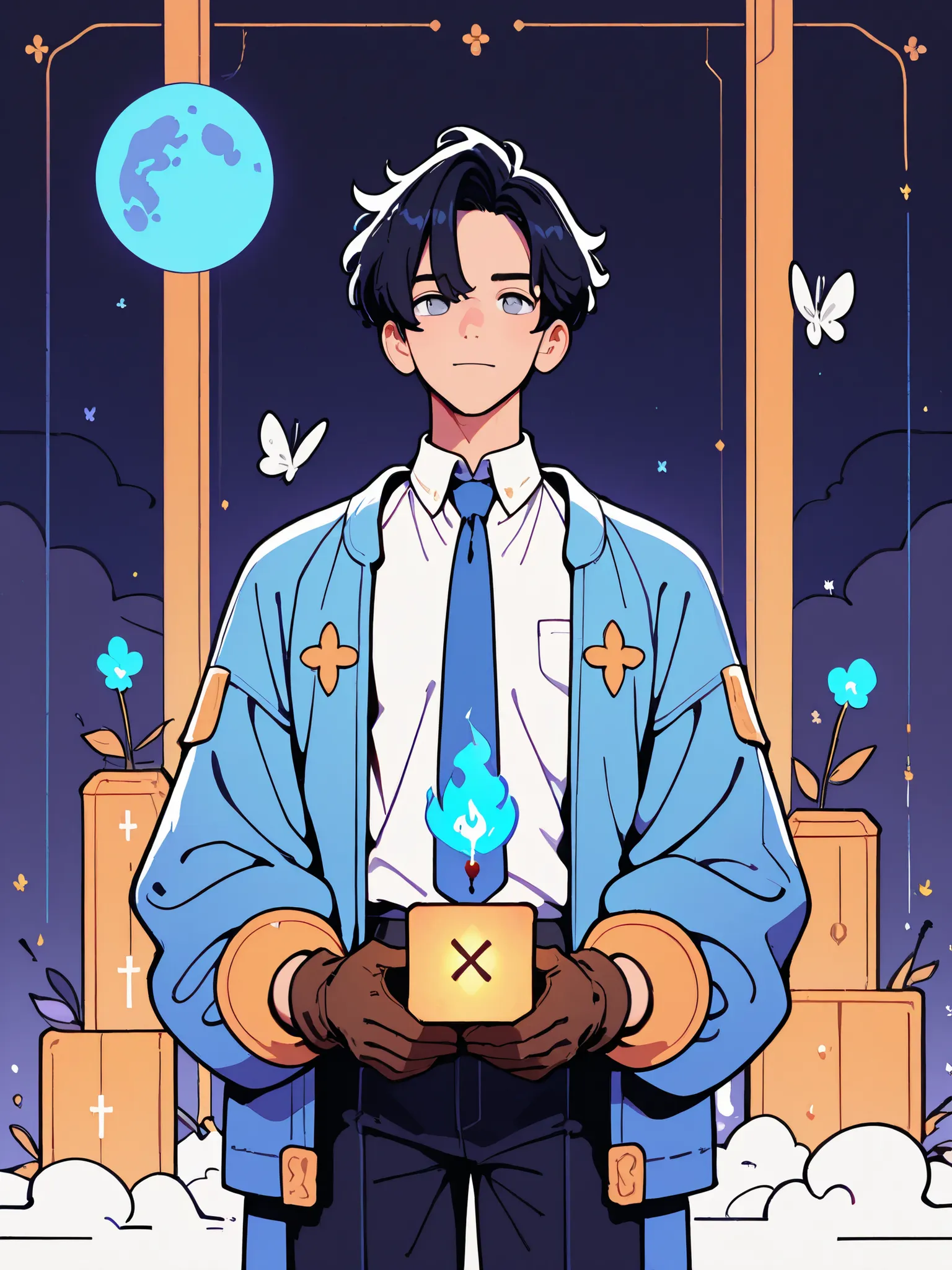 wearing ultra-detailed, high resolution, Unreasonable Results, HDR, masterpiece, 주슬회전 illustration, Scattered black hair, short hair, Two block, expressive gray eyes, Bachifan, blue flame, sexy man, alone, best image quality, prince, blue glowing firefly, ...