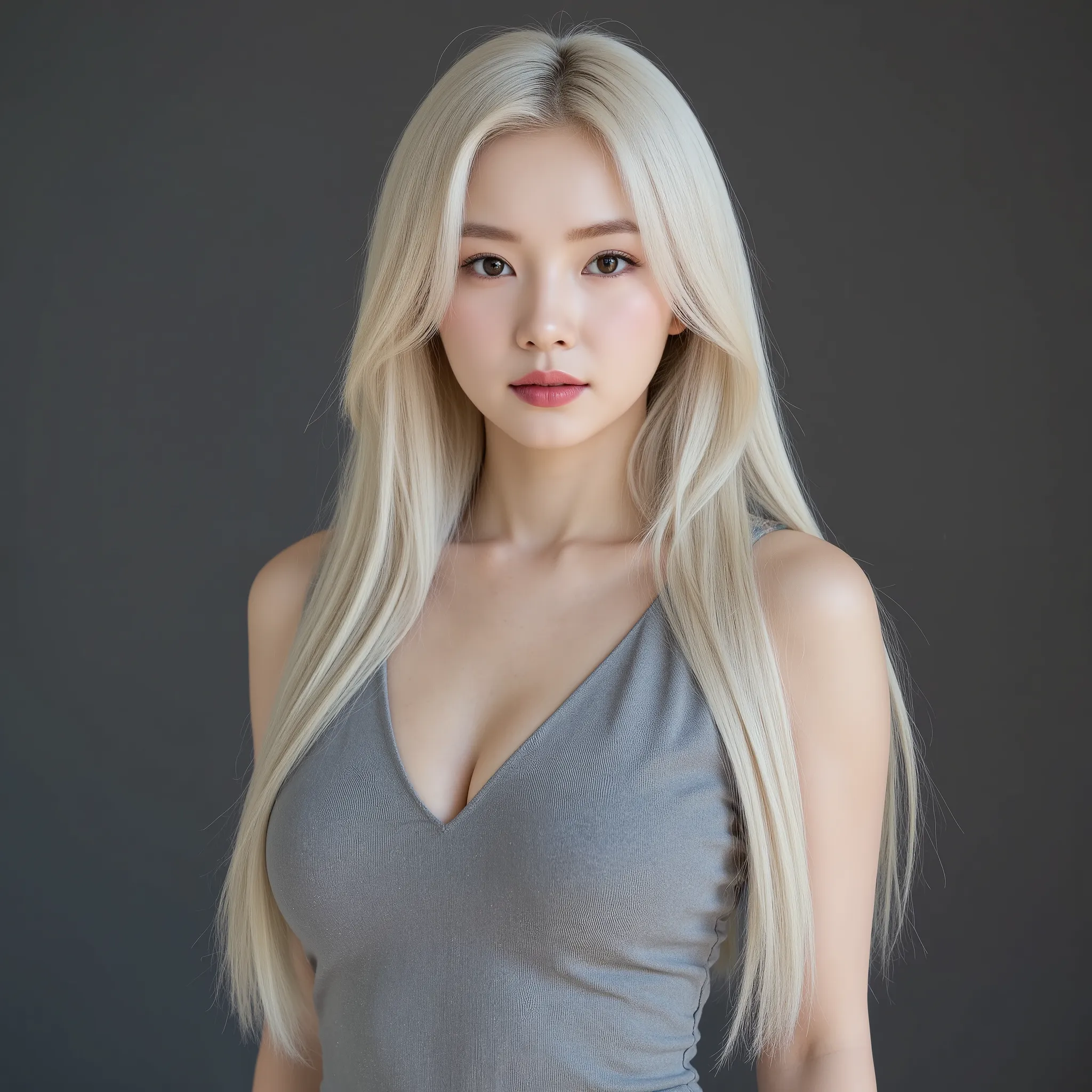 (pretty girl wearing a gray dress), (Long white hair),(brown-brown eyes), Hyper-resolution, accuracy, Detailed representation, (Subtle facial image, (Thin hair image), (Superior quality), (Masterpieces of masters), (a sense of atmosphere), tmasterpiece,Su...