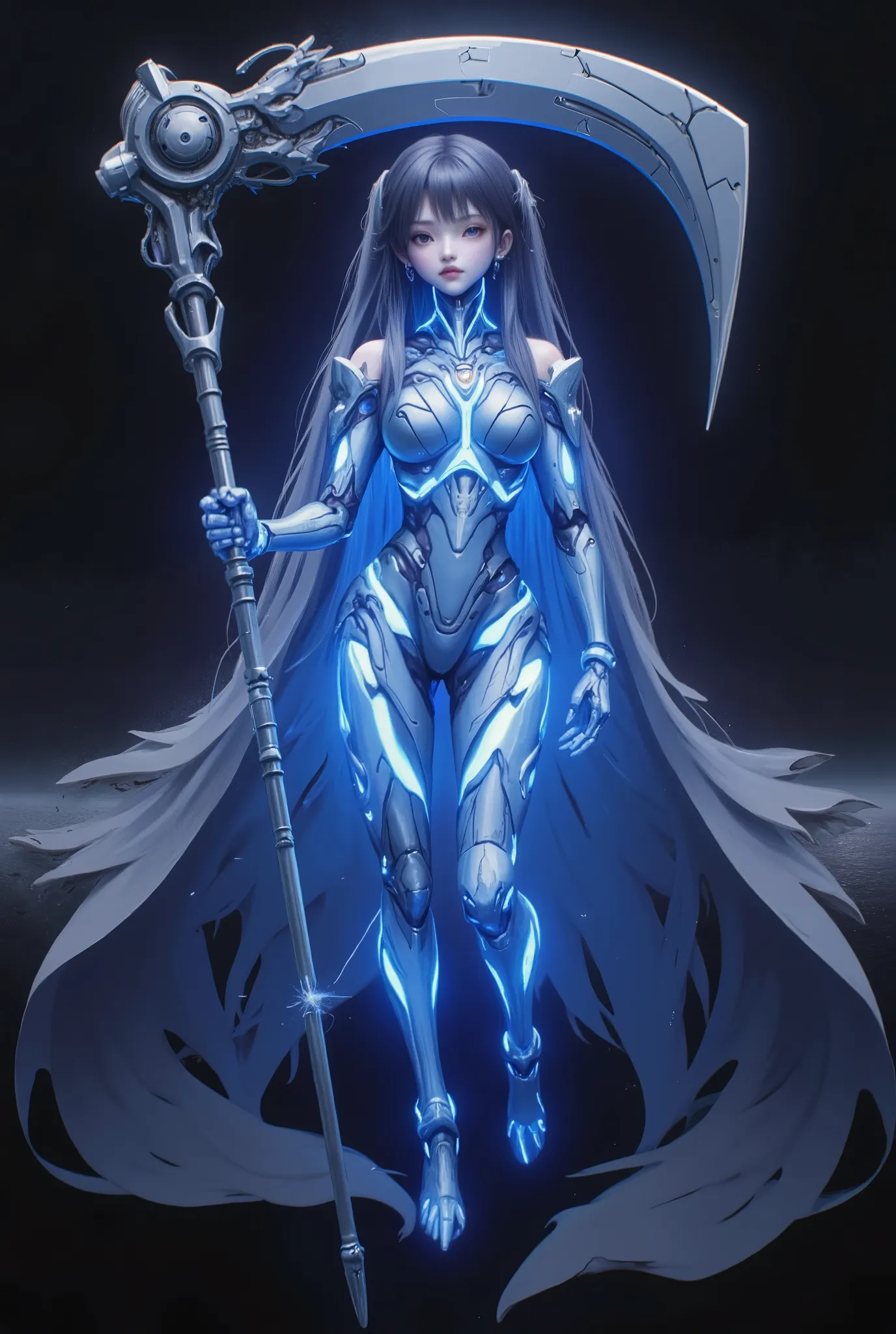 Create a futuristic setting with a female humanoid robot with a blue hologram design. The robot has long, flowing hair that glows blue, giving off an aura of advanced technology. She holds a large scythe with a long handle, a gray scythe that glows blue. T...