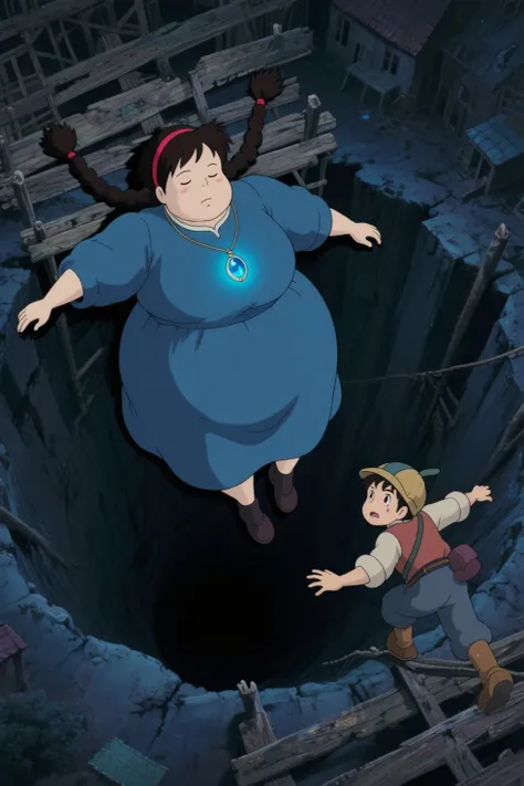 (Masterpiece, ultra-detailed, photorealistic, 8k resolution, cinematic composition), Ghibli, sheeta and Pazu (tenkuu_no_shiro_laputa),one very large girl weighing close to 300 kilograms, dressed like Sheeta from Laputa,  the girl has black brown hair, hairband, twin braids, black eyes, blue one-piece dress, long sleeves, wide sleeves, She's drooling. Big nostrils.Lies horizontally on the air , very fat like a sumo wrestler, protected by the light of a blue Hikariseki pendant, lying on their back asleep, closed eyes, unconscious ,slowly falling towards a huge, vertically deep hole that opened up like a coal mining town in Laputa, with very fragile wooden scaffolding around the hole, a boy dressed like Pazu from Laputa who wears workcap, crossing unstable wooden scaffolding, trying to catch the girl, (boy is very scared and sweating because the girl is too fat.), night, ghibli style, very quiet night, a bird's eye view of the slowly falling girl and the boy trying to catch her, masterpiece, best quality, high quality