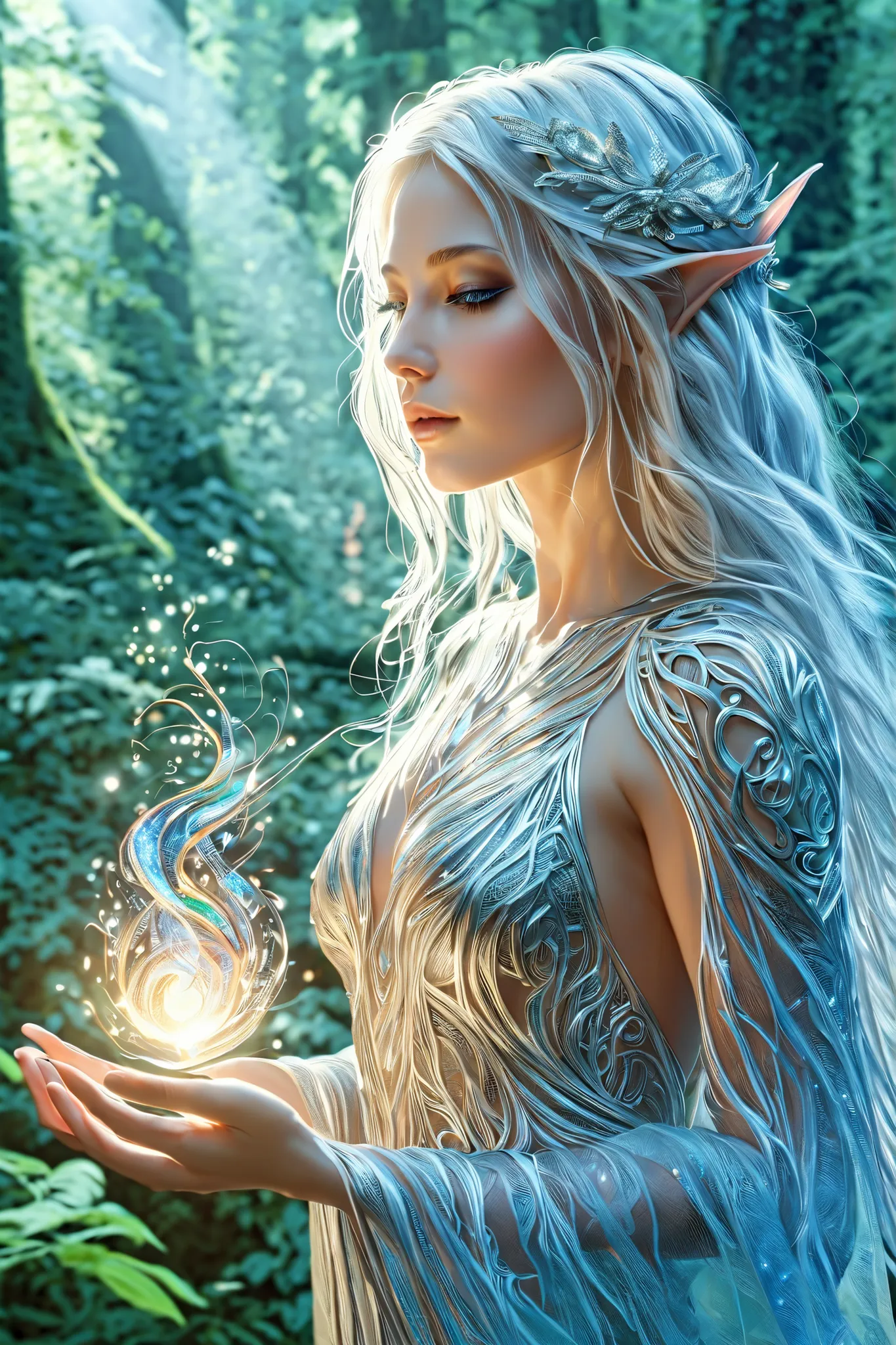 (best quality,4k,8 k,high definition,masterpiece:1.2), extra detailed, (realistic,photorealistic,photo-realistic:1.37), In the heart of the enchanted forest,  wrapped in the soft glow of moonlight ,  seeping through the striping above them ,  x} stands a f...