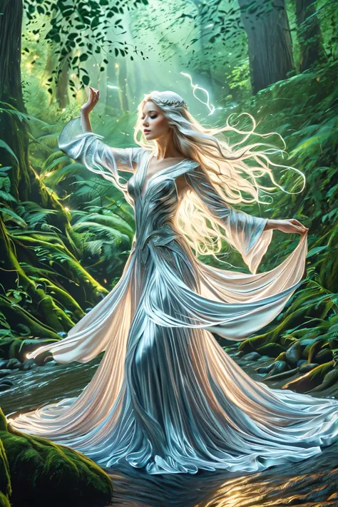 (best quality,4k,8 k,high definition,masterpiece:1.2), extra detailed, (realistic,photorealistic,photo-realistic:1.37), In the heart of the enchanted forest,  wrapped in the soft glow of moonlight ,  seeping through the striping above them ,  x} stands a f...