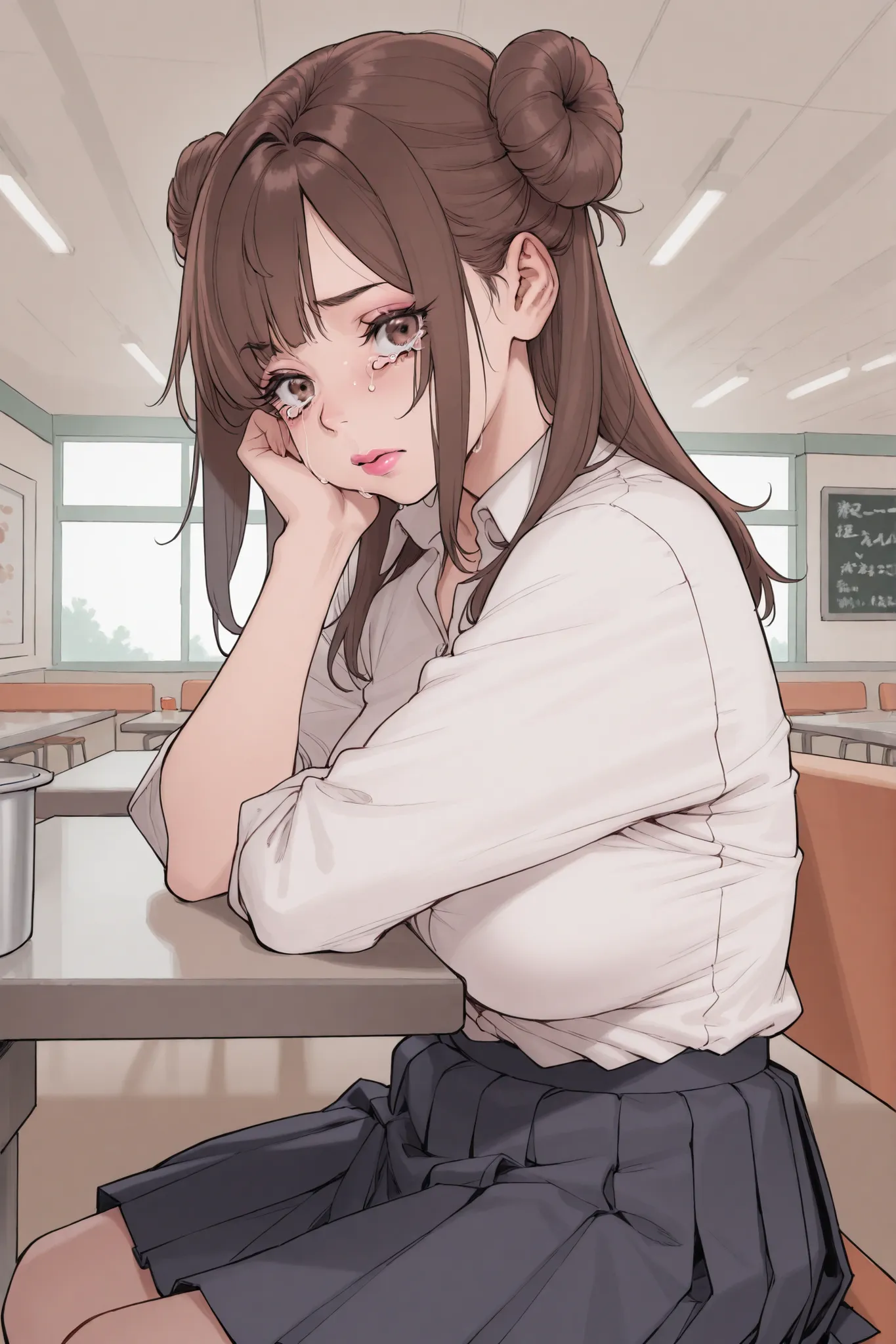 1 girl, medium brown hair in loose bun, side bangs, voluptuous, sagging, white shirt, black pleated skirt, cafeteria, sitting, pink lips, tears, smudged mascara