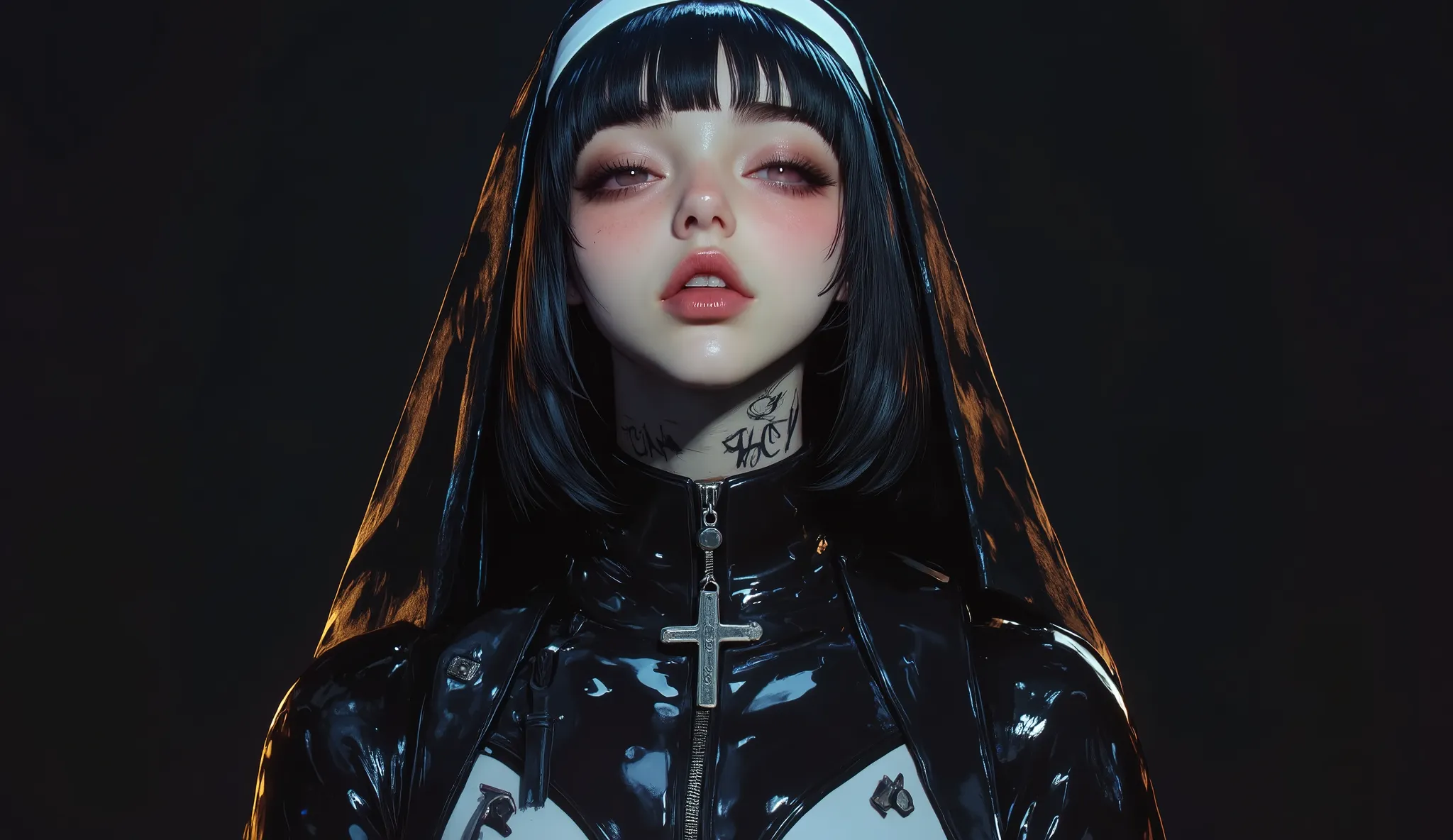 (1 girl, french bob black haircut, ,,, nun girl attire, oily skin, blush,wet skin, jennie kim, black lips, cleavage, big breast