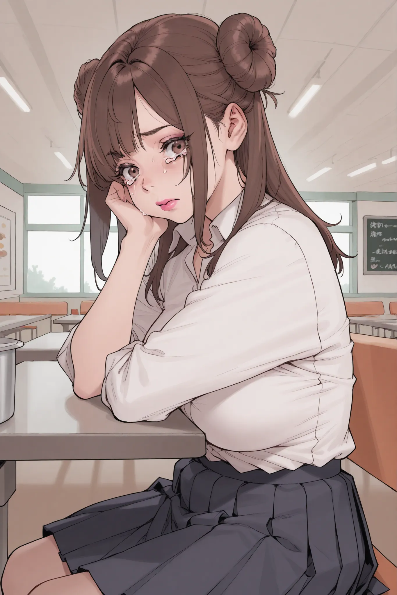 1 girl, medium brown hair in loose bun, side bangs, voluptuous, sagging, white shirt, black pleated skirt, cafeteria, sitting, pink lips, tears, smudged mascara
