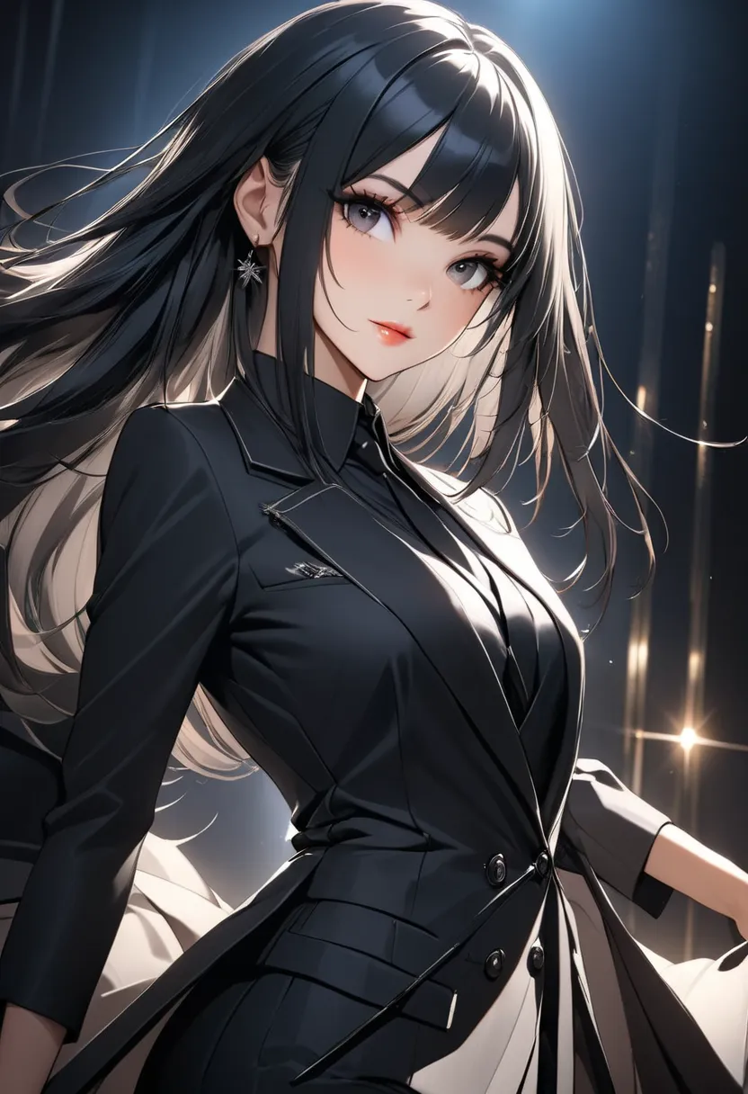 Beautiful woman with straight long black hair"Hiromi", tailoring black style, artistic fashion, (cinematic lighting)