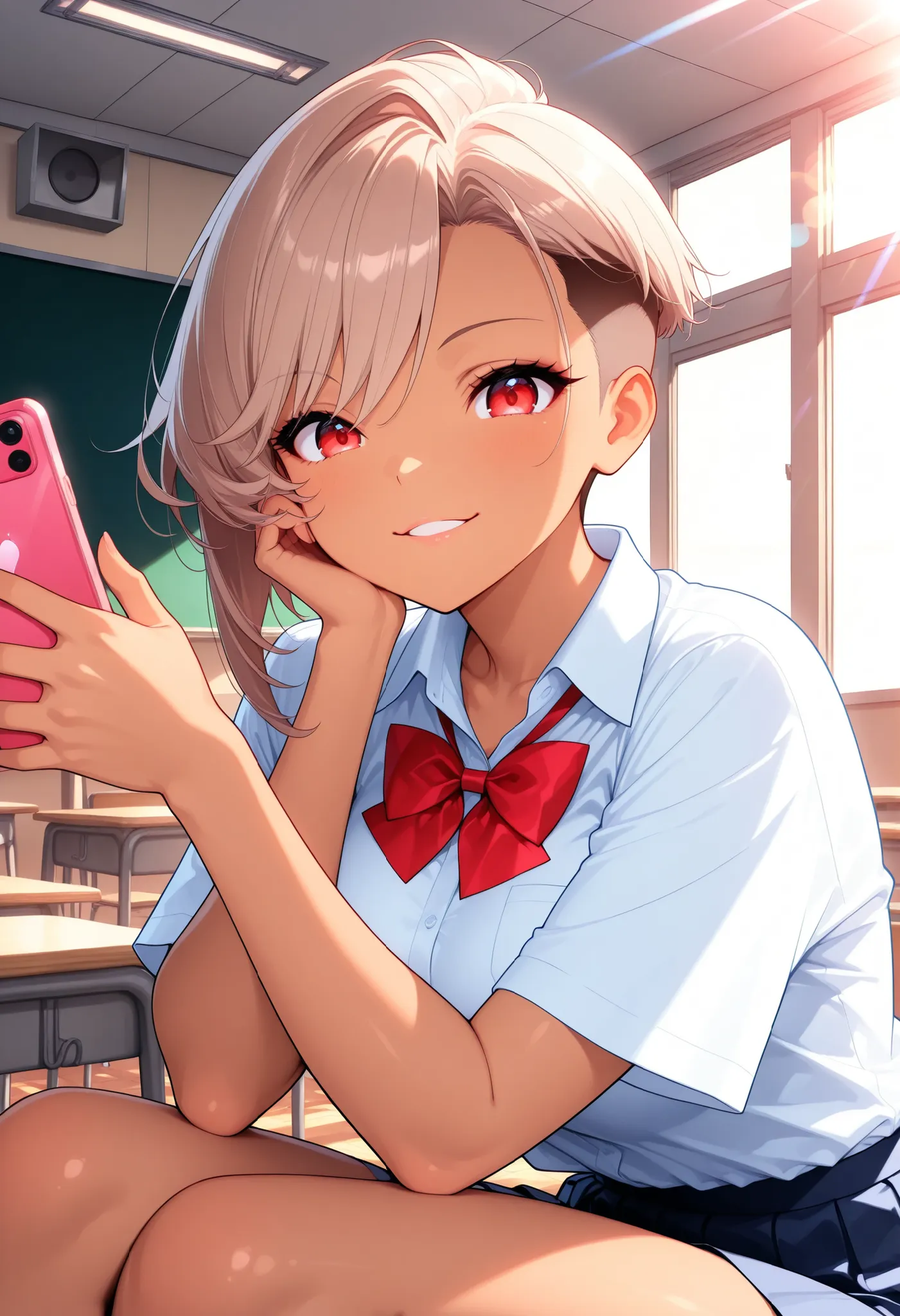  is so lovelyな女子校生, shirt,  bow tie, 1 female,  selfie with smartphone,  Devilish Beauty , effectively expressing sunlight in a bustling pool, lens flare, (Mirai Edosaki, light brown hair, undercut, asymmetrical hair, red eyes, brown skinned), schools, Cla...